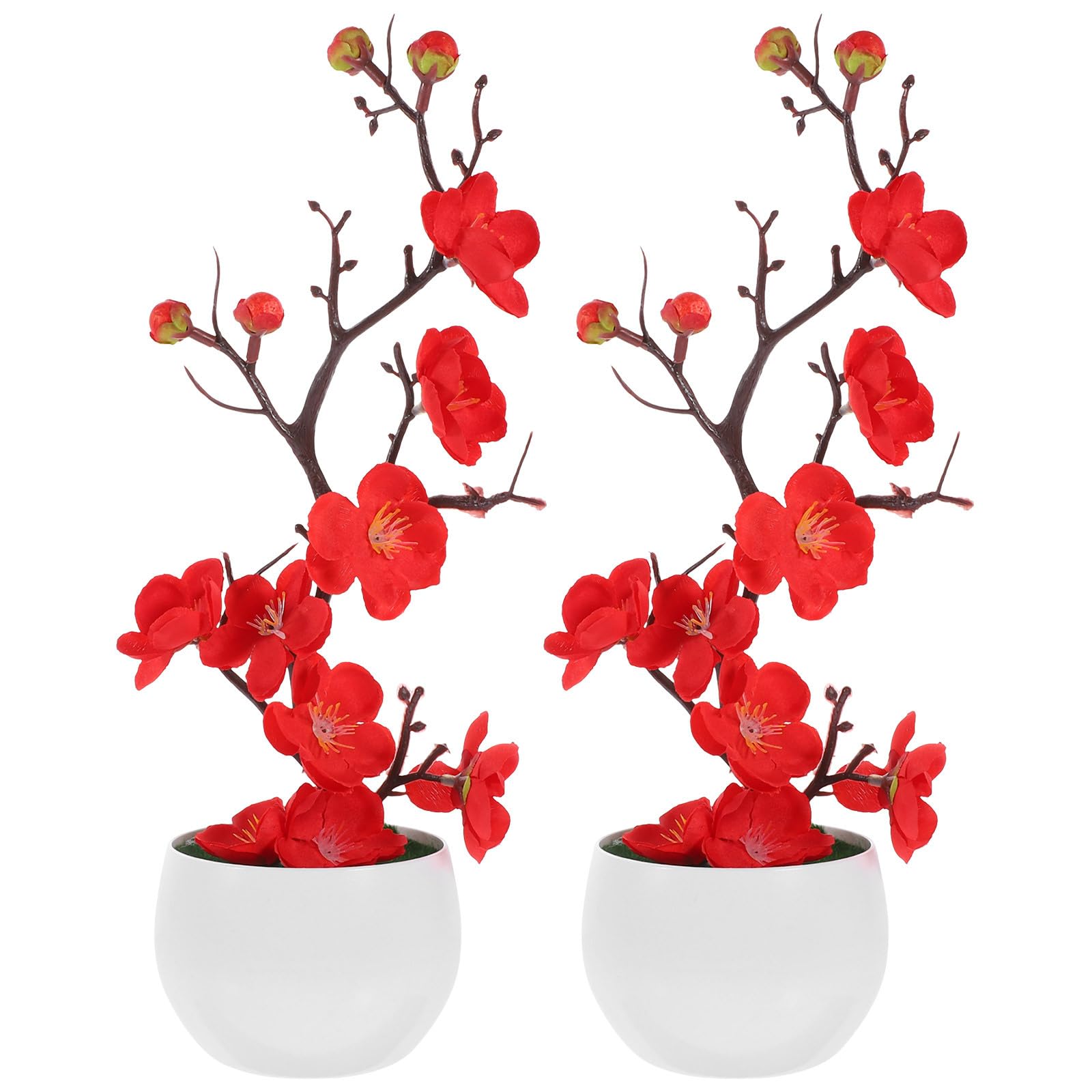 2pcs Artificial Flower Bonsai in Pot Plum Blossom Flower Arrangement with Vase Faux Potted Flowers for Home Wedding Party Table Centerpiece Decoration Red