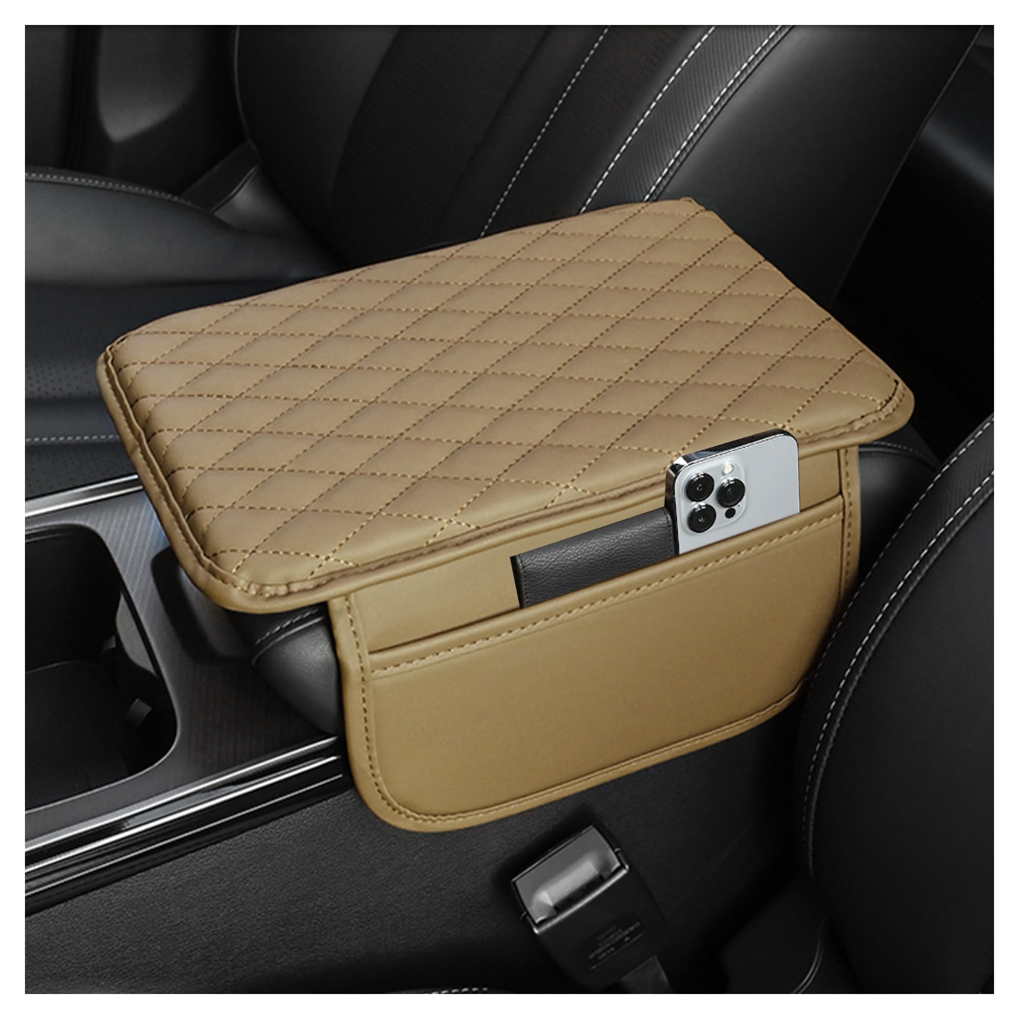 Upgraded Car Center Console Cover,Microfiber Leather Car Armrest Cover Cushion with 2 Storage Bags,Universal Car Armrest Storage Box Car Interior Accessories for Most Vehicles (Beige)