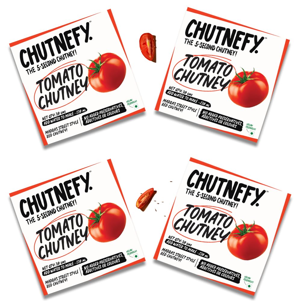 CHUTNEFY5-Second Instant Tomato Chutney - Pack of 4 - Each Makes 120ml | Home Style Delicious & Ready-to-Eat Chutneys| 100% Natural Ingredient | No Preservatives or Additives