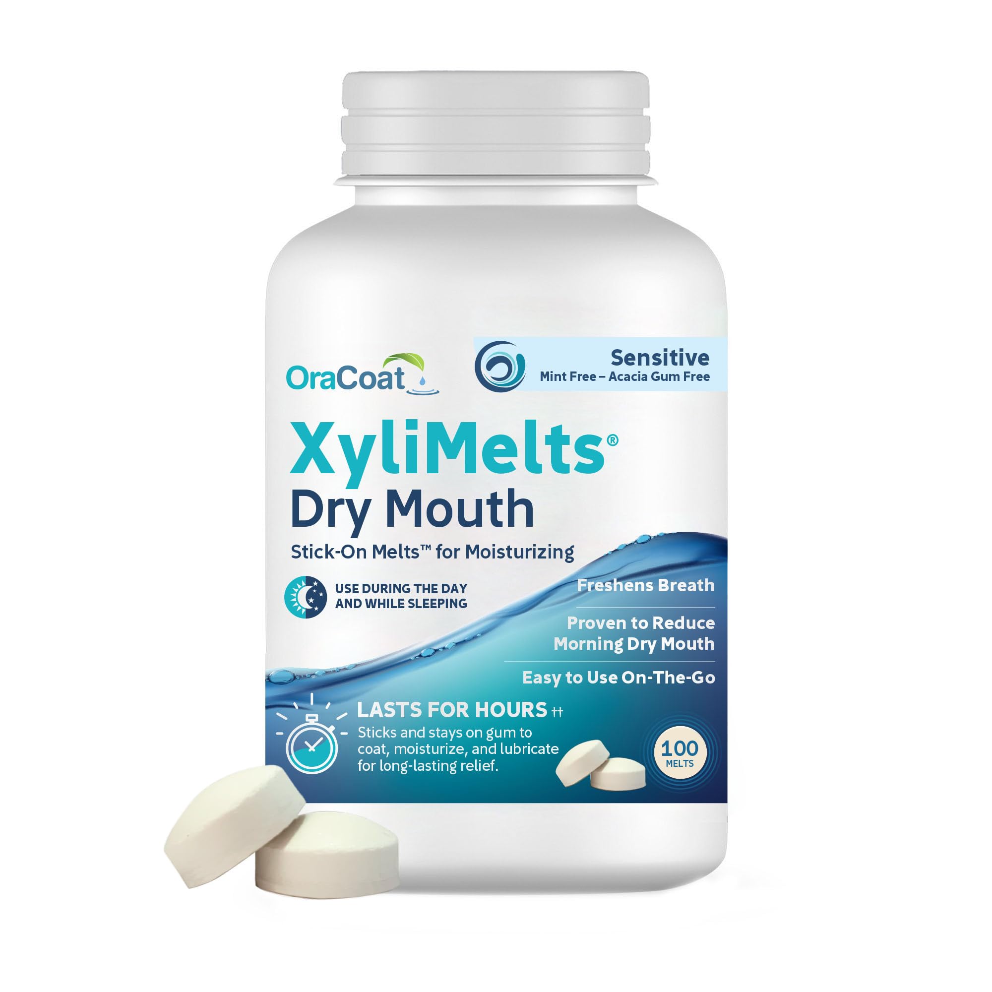 OraCoat XyliMelts Dry Mouth Relief Moisturizing Stick-On-Melts with Xylitol, 100 Count, Sensitive, Help Stimulates Saliva for Dry Mouth, Non-Acidic, Day & Night Use, Time Release for Up to 8-Hour