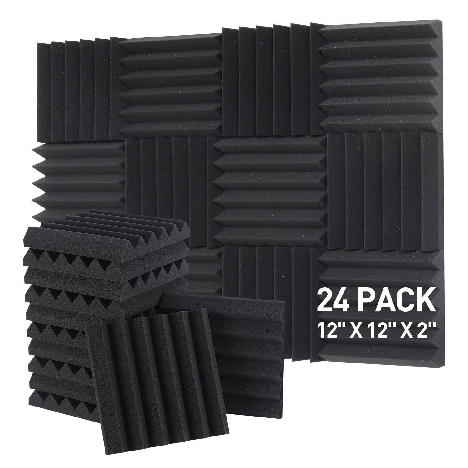 AUSLET 24 Pack Acoustic Foam Panels - 12 x 12 x 2 Inches Wedges Sound Proof Foam Panels for Walls Fire Resistant Studio Foam(Black)