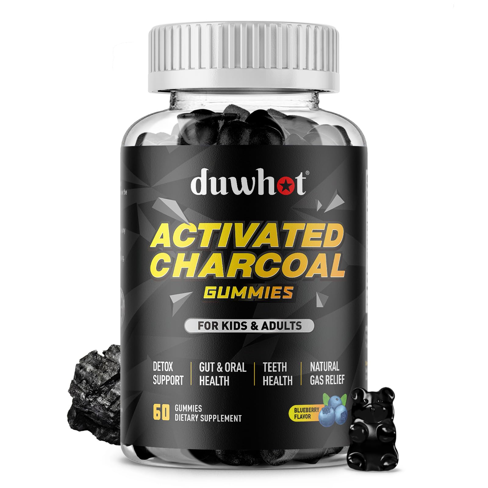 Activated Charcoal Gummies for Kids, 500mg Chewable Activated Charcoal Supplement for Gas Relief, Detox, Digestive and Oral Health, Vegan Blueberry Flavor, 60 Count