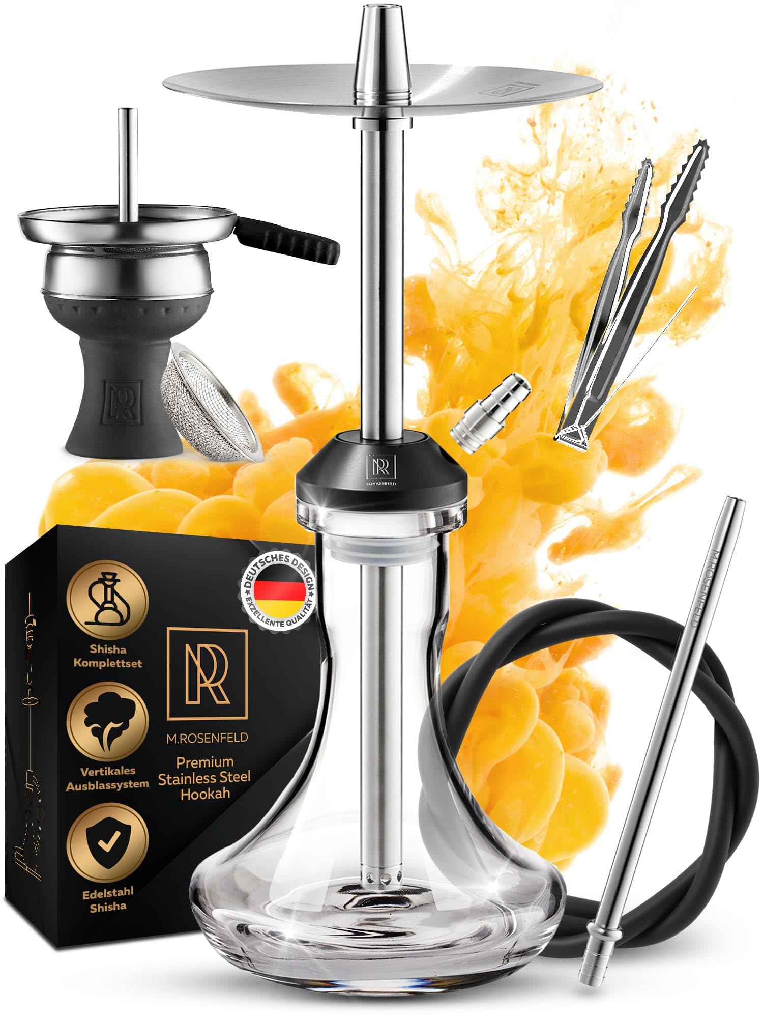 Shisha Pipe Set Stainless Steel Shisha Set Complete Travel Shisha with Shisha Accessories - Hookah Pipe Set including 150 cm shisha hose with mouthpiece M. ROSENFELD