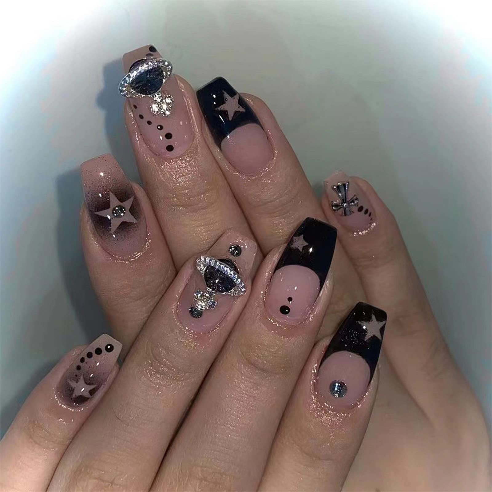 MISUD Coffin Press on Nails Medium Ballerina Fake Nails Glossy Glue on Nails Black French Tip Acrylic Nails Star 3D Rhinestone Stick on False Nails 24 pcs