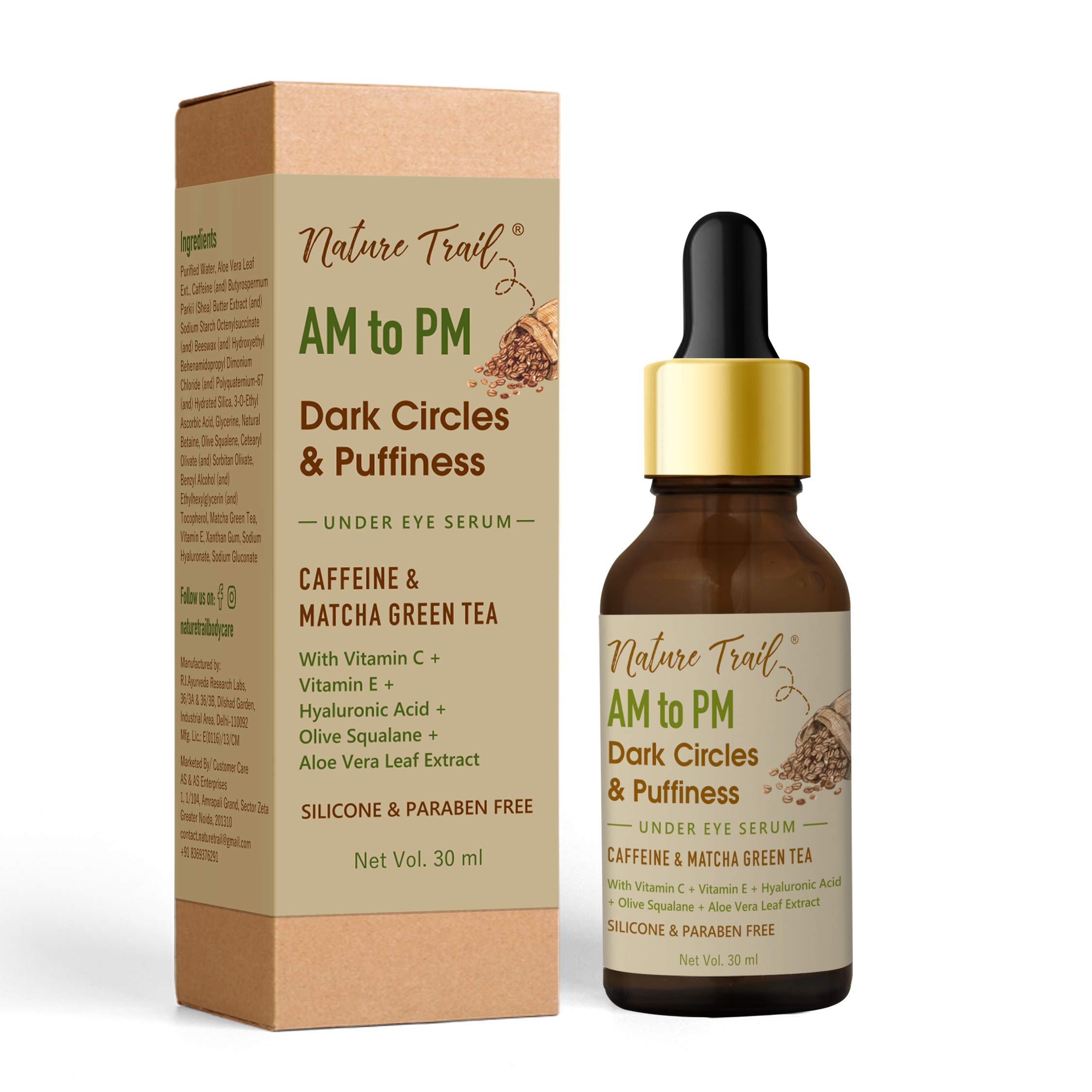 Nature Trail AM to PM Under Eye Serum | Dark Circles & Puffiness | Encapsulated Caffeine, Vitamin C, Matcha Green Tea & Hyaluronic Acid | 30 ml