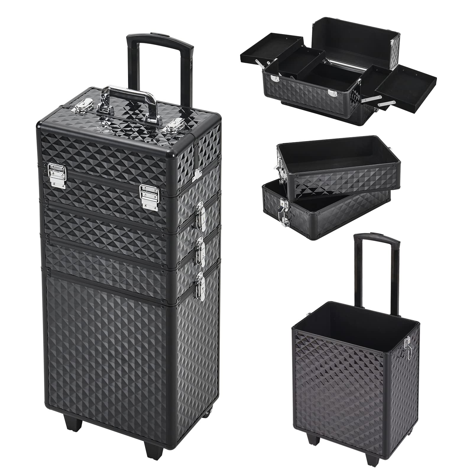 Qivange 4 in 1 Aluminum Professional Makeup Trolley Vanity Case for Artists Beautician Extra Large Travel Jewellery Box Train Case w/ 2 Wheels (Black)