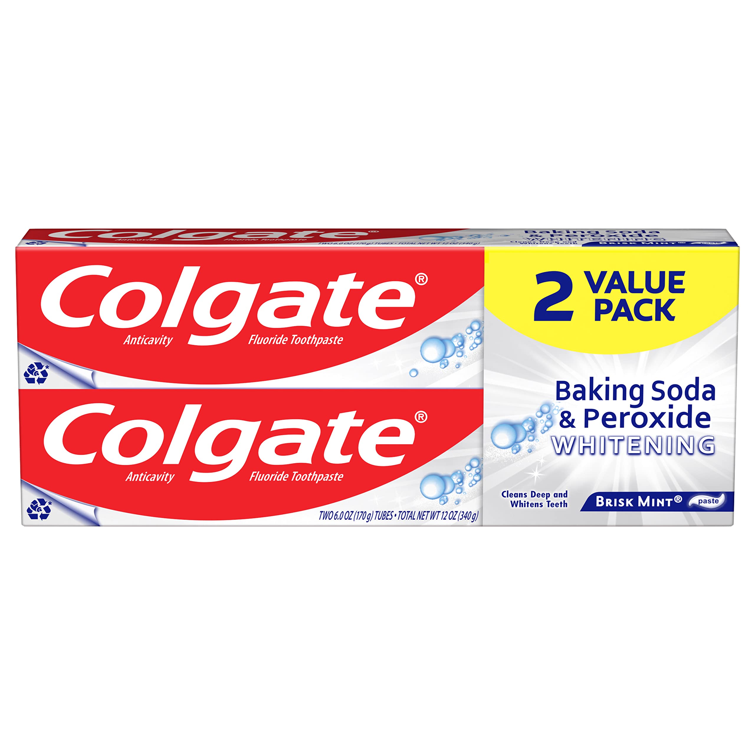 Colgate Baking Soda & Peroxide Toothpaste - Whitens Teeth, Fights Cavities & Removes Stains, Brisk Mint, 6 Ounce (Pack of 2)