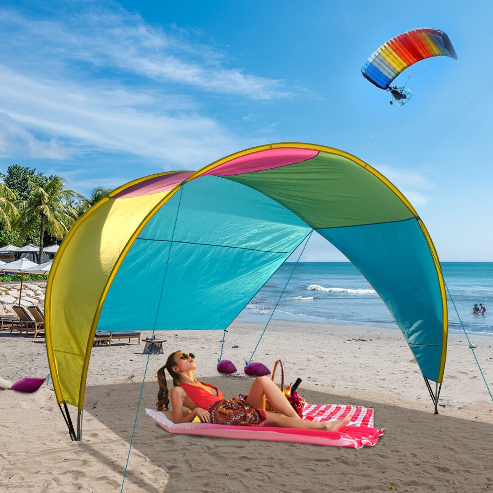 Upgraded - Patented Design Beach Tent 10.5' x 11.5' Fits 4-6 Adults, Sun Shelter Rainbow Suncover, Outdoor Shade for Camping, Backyard, Picnics - Sand, Grass All Suitable