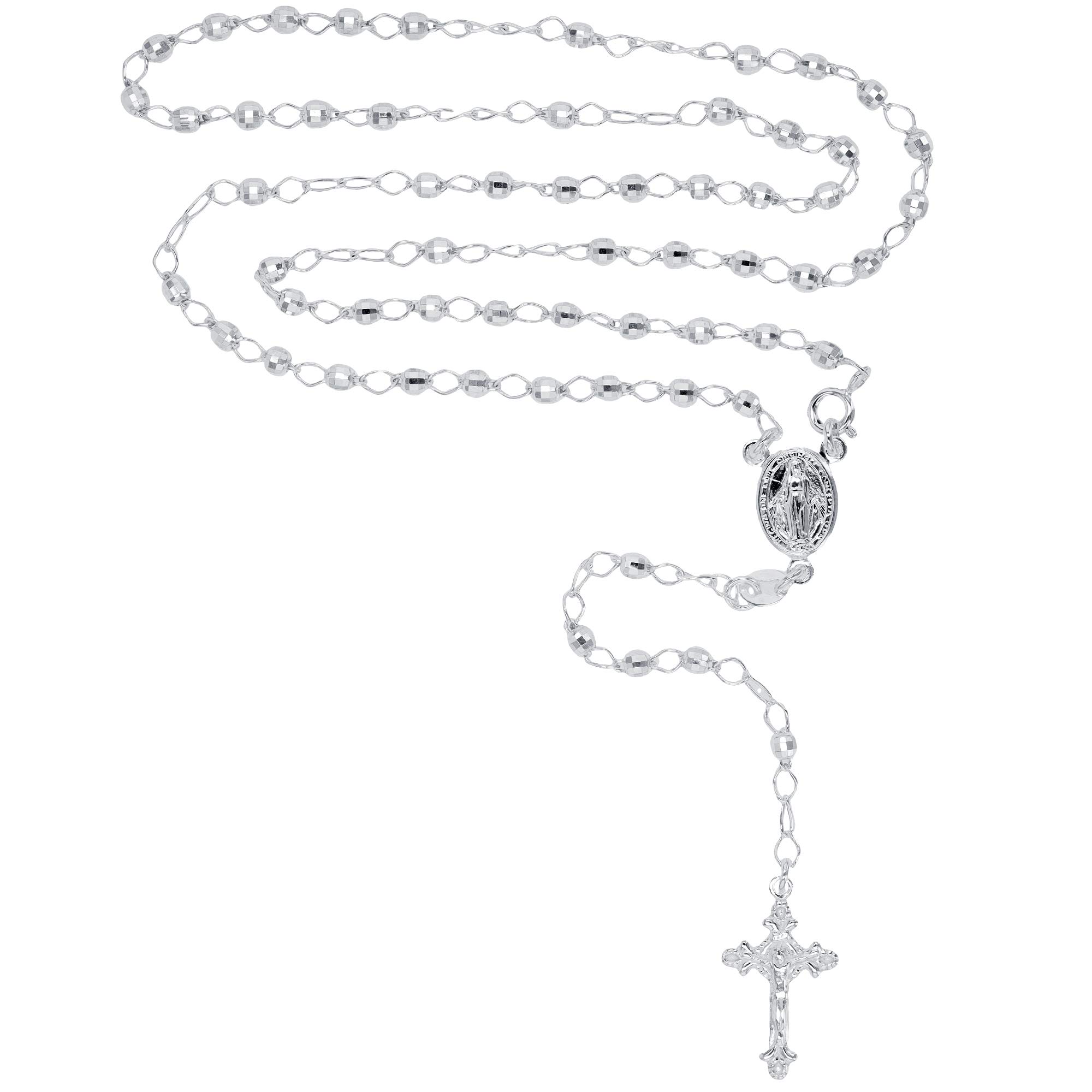 Solid 925 Sterling Silver Diamond Cut 3mm-5mm Italian Virgin Mary Rosary Bead Cross Necklace | Made In Italy | 925 Sterling Silver Rosary Y Necklace Chain for Women And Men