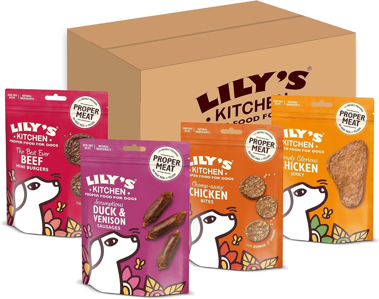 Lily's KitchenNatural Dog Treats Multipack - Beef Mini Burgers, Duck and Venison Sausages, Chicken Bites & Chicken Jerky (8 x 70 g)