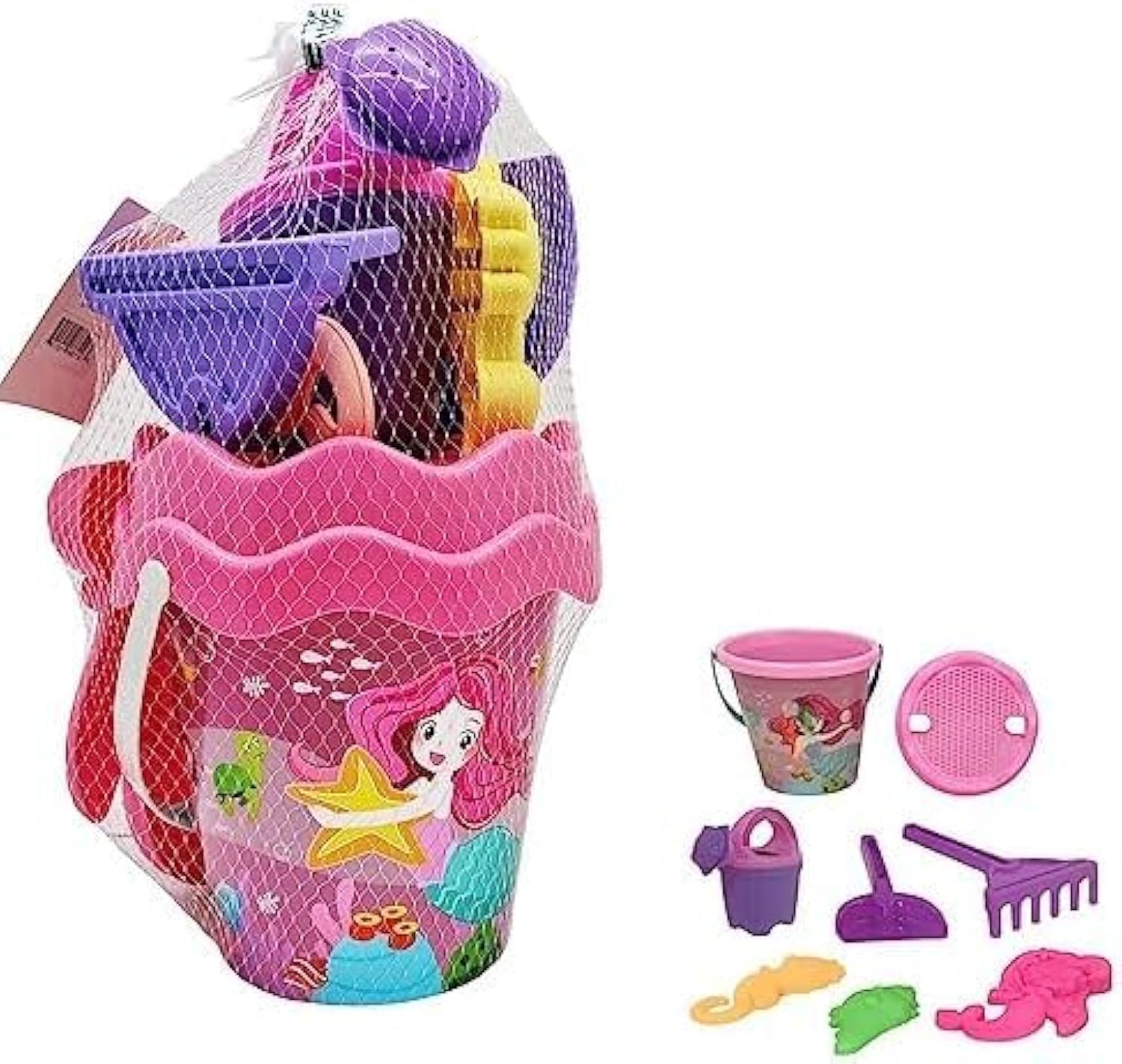 Fitto Mermaid Sand Toys with Bucket, Shovel, Moulds, Water Can, and Rake- Pink Sand Castle Toys For Beach