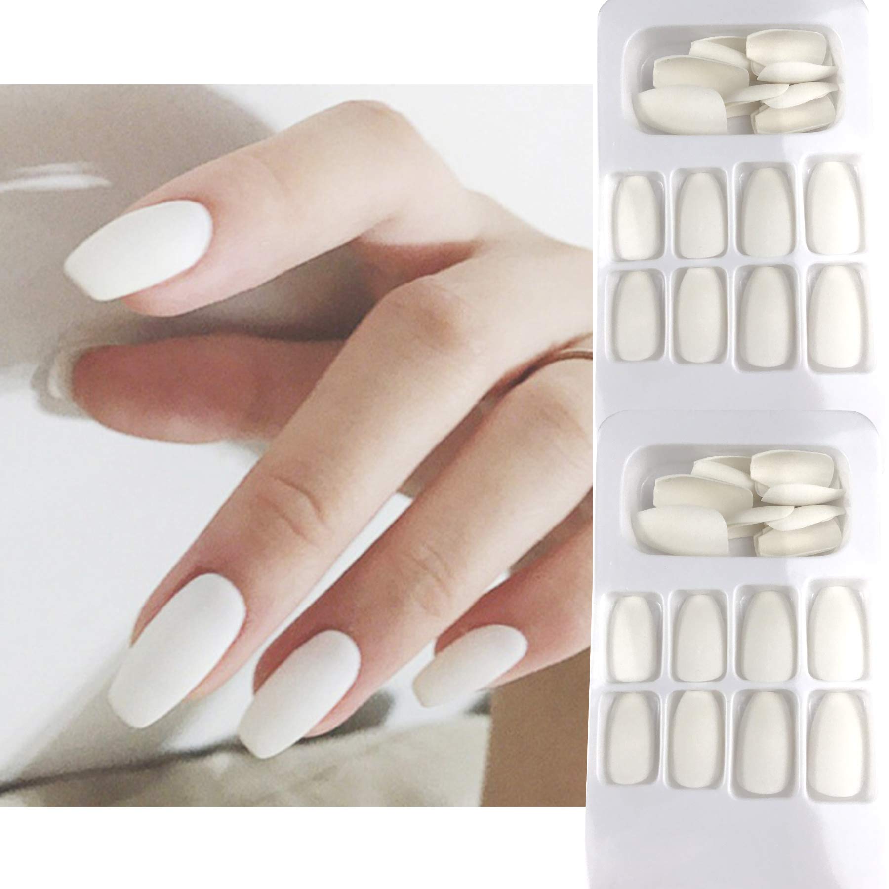 RODAKY 48Pcs Matte Coffin Press on Nails Full Cover Medium False Nails Ballerina Nail Art Set DIY Artificial Acrylic Fake Nail Tips Solid Color Stick on Nails for Women (White)