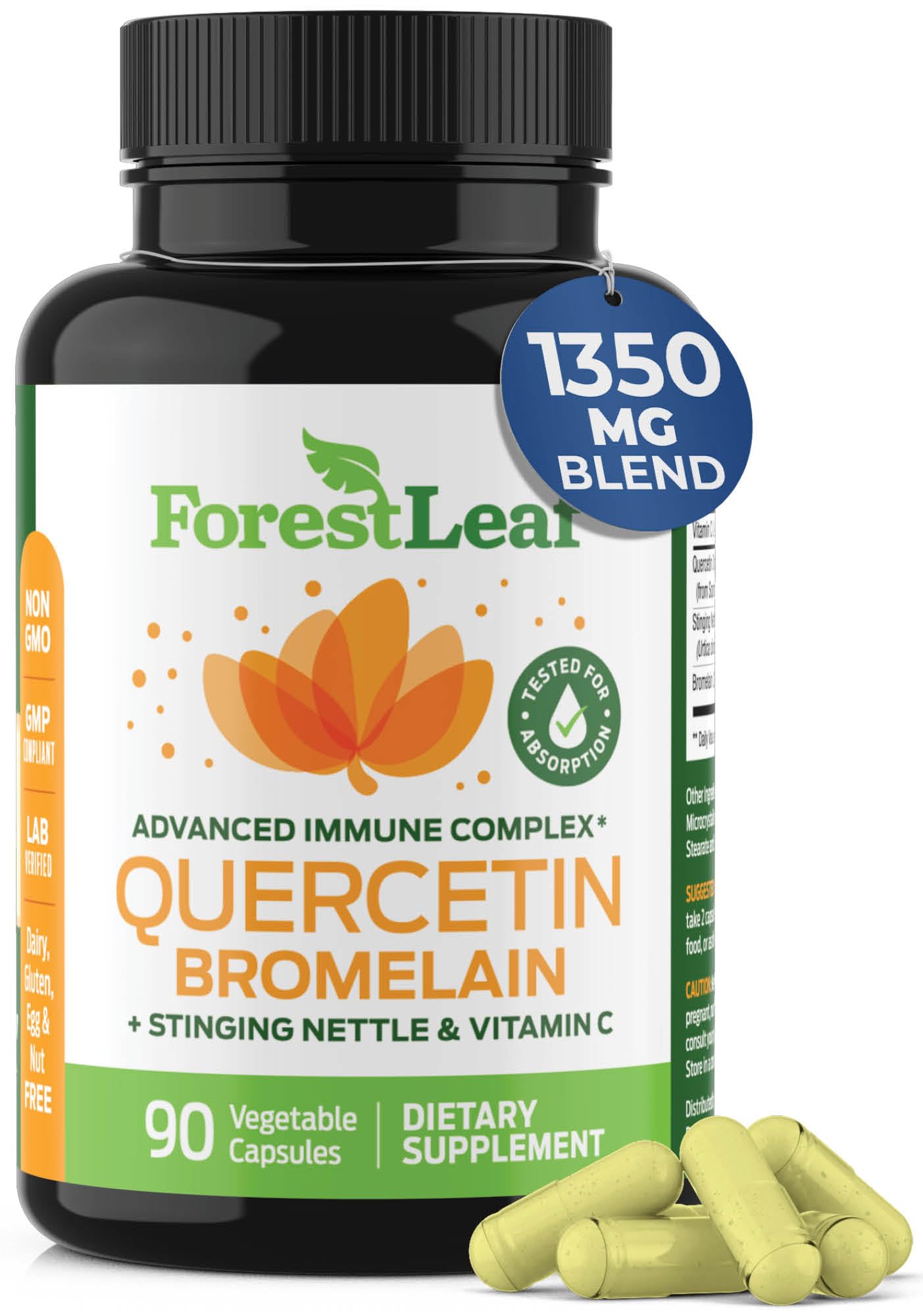 ForestLeafQuercetin 500mg - Quercetin with Bromelain, Vitamin C & Stinging Nettle 90 Veggie Capsules - Advanced Quercetin Supplement - Natural Immune & Normal Respiratory Function