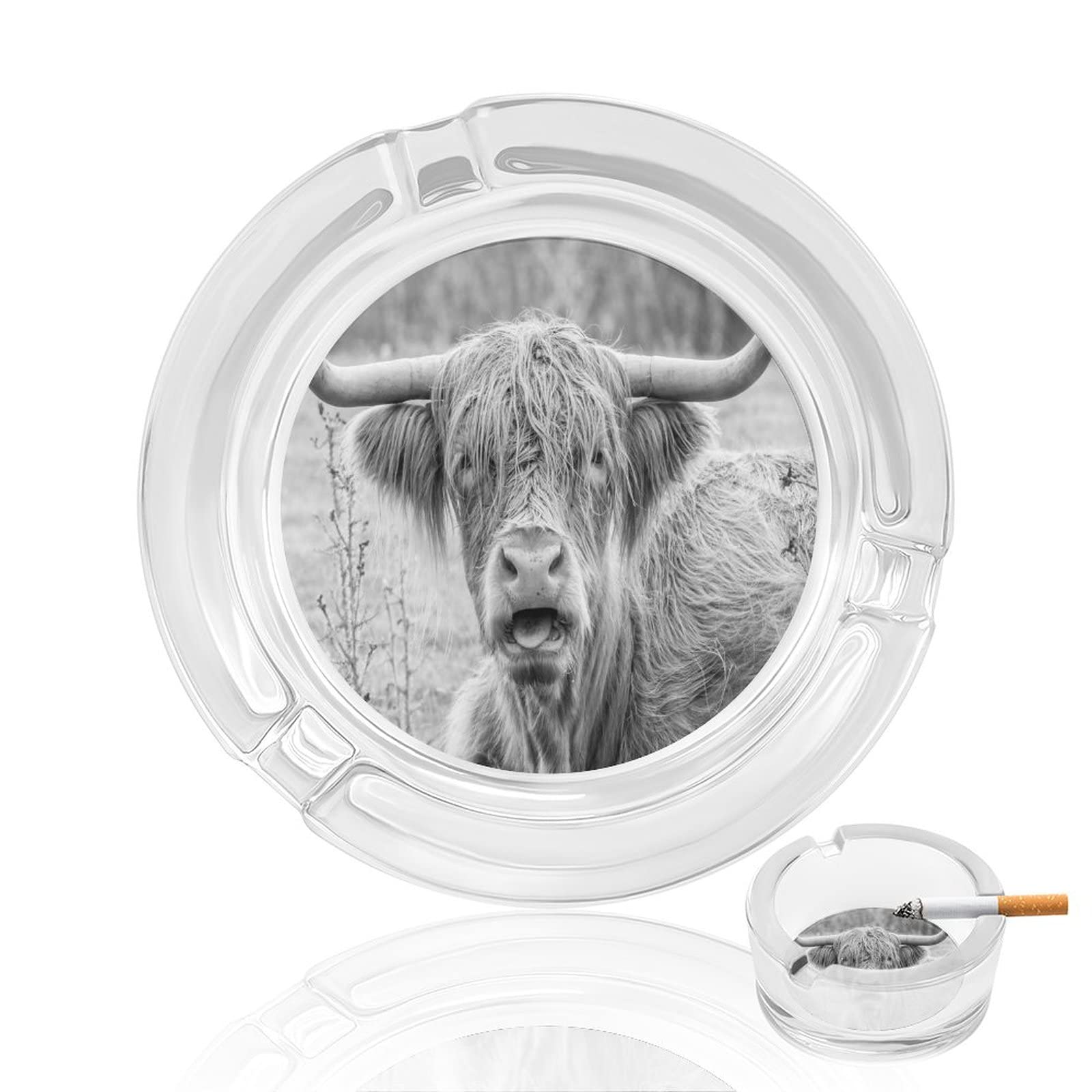 Donnapink Grey Highland Cow Black White Vintage Retro Style Portable Glass Ashtrays, Non-Slip Round Ashtrays for Home Living Room Bedroom Office Conference Room Bar 3.3 X 1.4 in