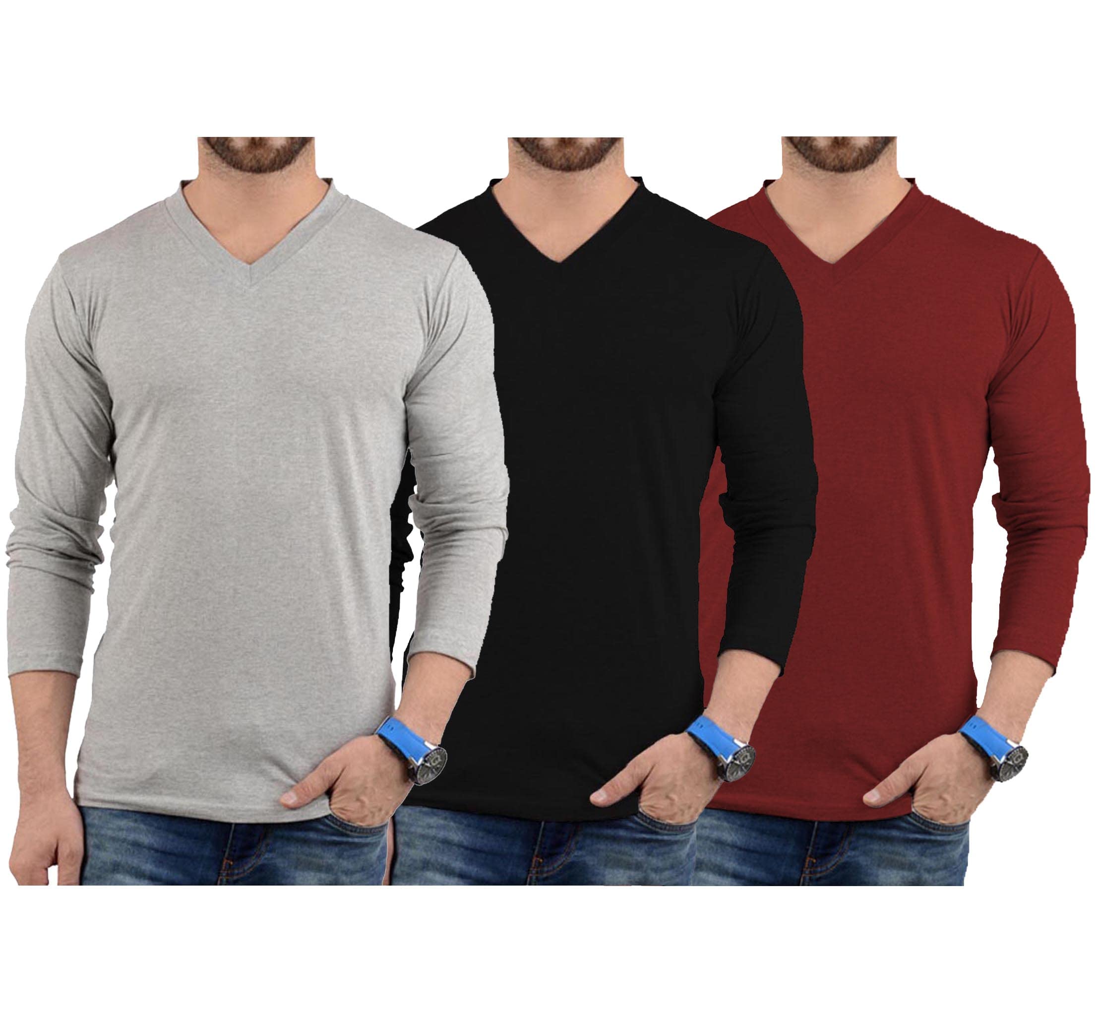 V Neck Long Sleeve Mens Tshirts Multipack - Soft Comfortable Full Sleeves T Shirts for Men Pack of 3