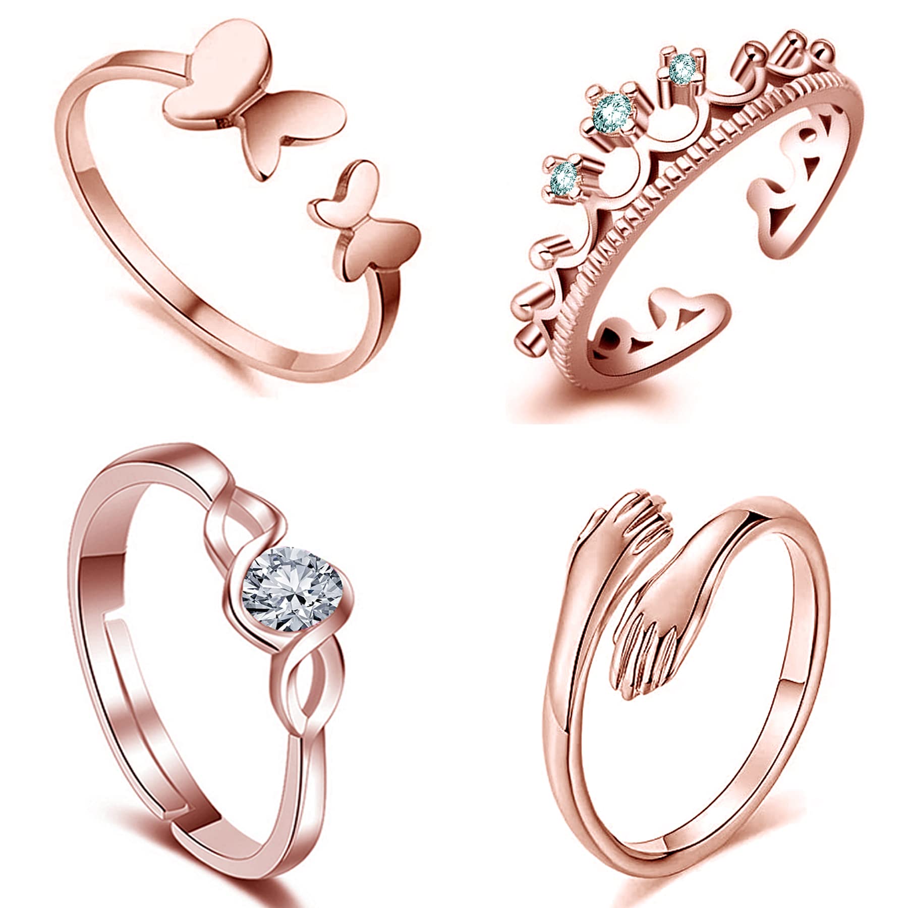 Okos Rose Gold Plated CZ Jewellery Combo of 4 Designer Finger Rings Adorned With White CZ Stones for Girls and Women CO1000427