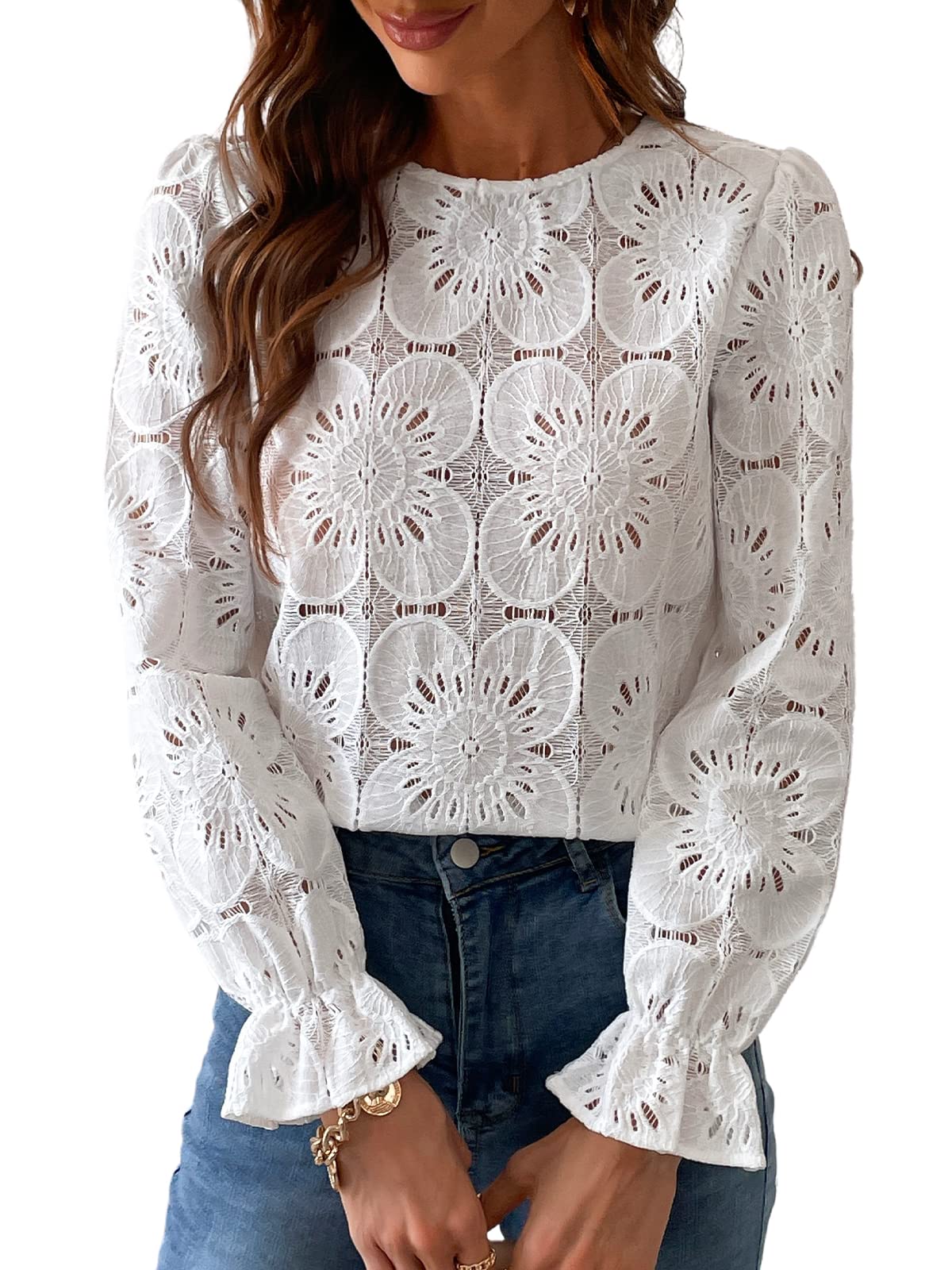 CUPSHEWomen Eyelet Long Sleeve Tops Shirts Dressy Hollow Out Crochet Lace Embroidered Blouses