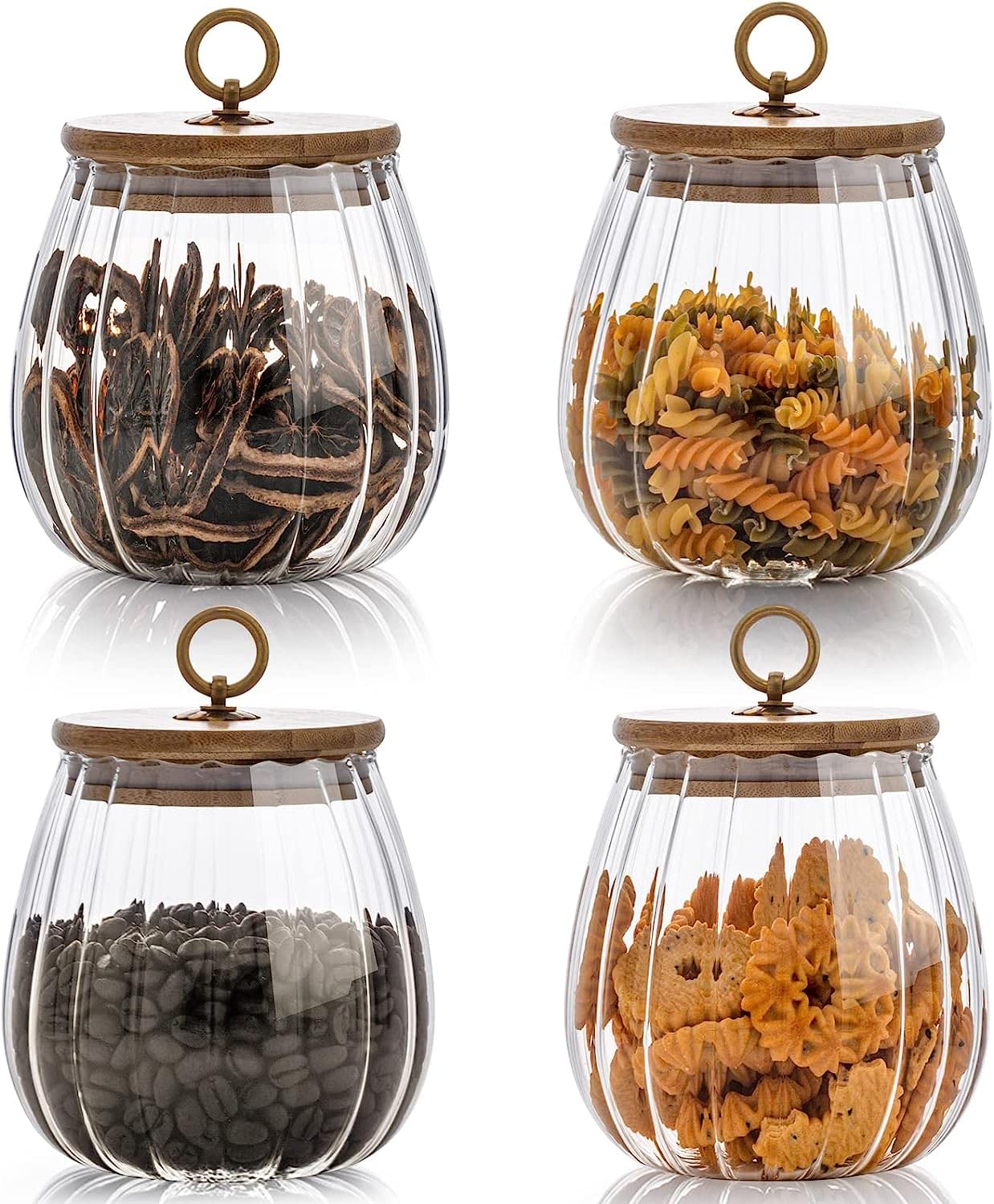 GGEROU Airtight Glass Jars Set of 4,Glass Coffee Nuts Canister with Bamboo Lid,Petal Decorative Coffee Storage Container for Sugar,Loose Tea,Nuts,Candy,Spice Food,Moisture-proof & Leak proof (Oval)