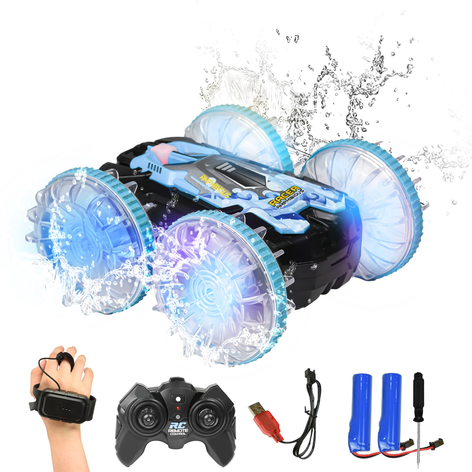 LocisneAmphibious Remote Control Car, 4WD 2.4GHz Waterproof RC Stunt Car Gesture RC Car Boat with LED Lights All Terrain Beach Pool Toys Gift for Kids Girls Boys 6-12