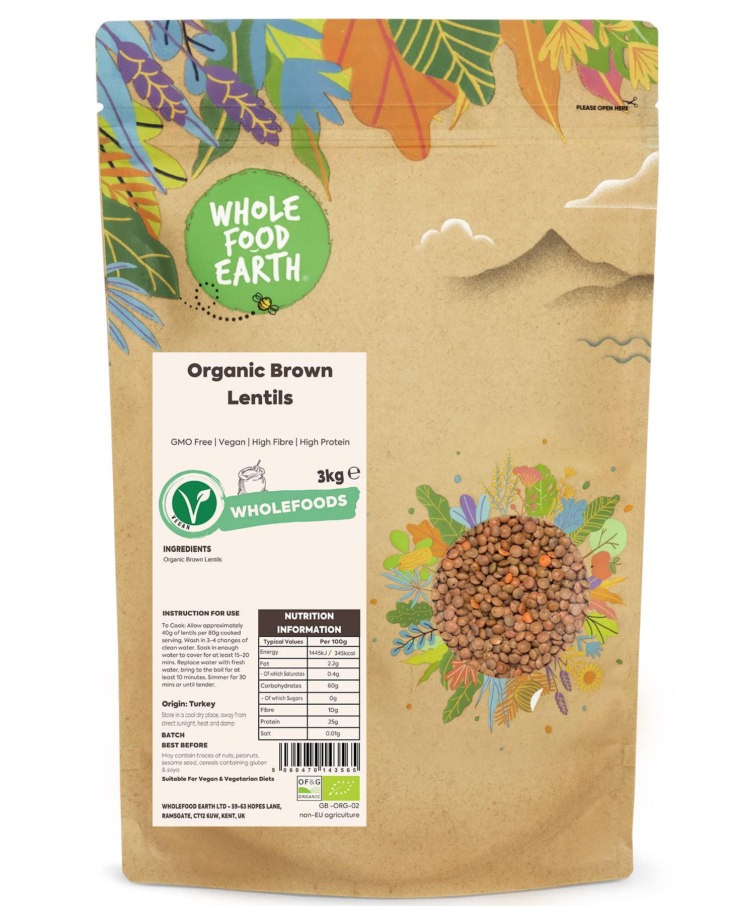 Wholefood Earth Organic Brown Lentils 3kg GMO Free | Vegan | High Fibre | High Protein | Certified Organic