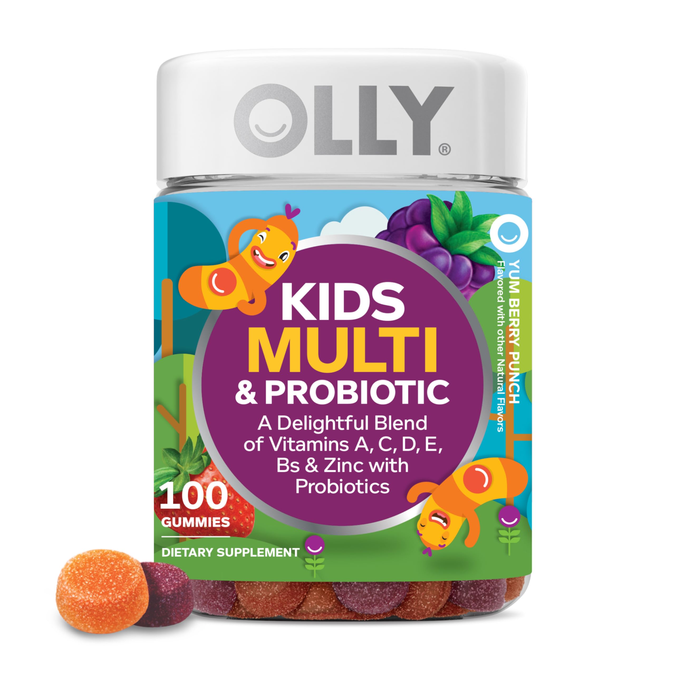 OLLY Kids Multivitamin & Probiotic Gummy, Digestive Support, Vitamins A, D, C, E, B, Zinc, Chewable Supplement, Berry Flavor, 50 day supply - 100 Count