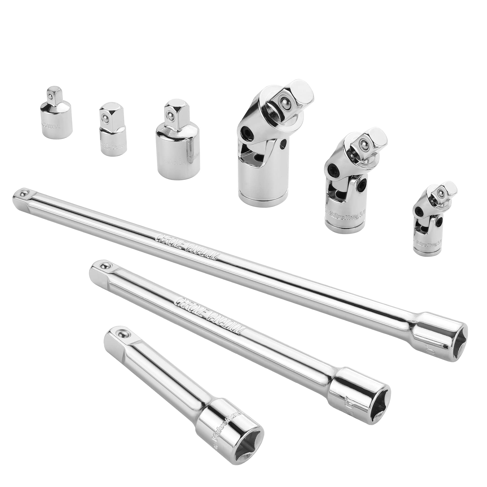 VALUEMAX 9 PCS Socket Accessory Set, Includes 3/8" Drive Extension Bar Set, 1/4", 3/8" & 1/2" Drive Universal Joints and Adapters, Chrome Vanadium Steel with Mirror Finish, Chrome Plated