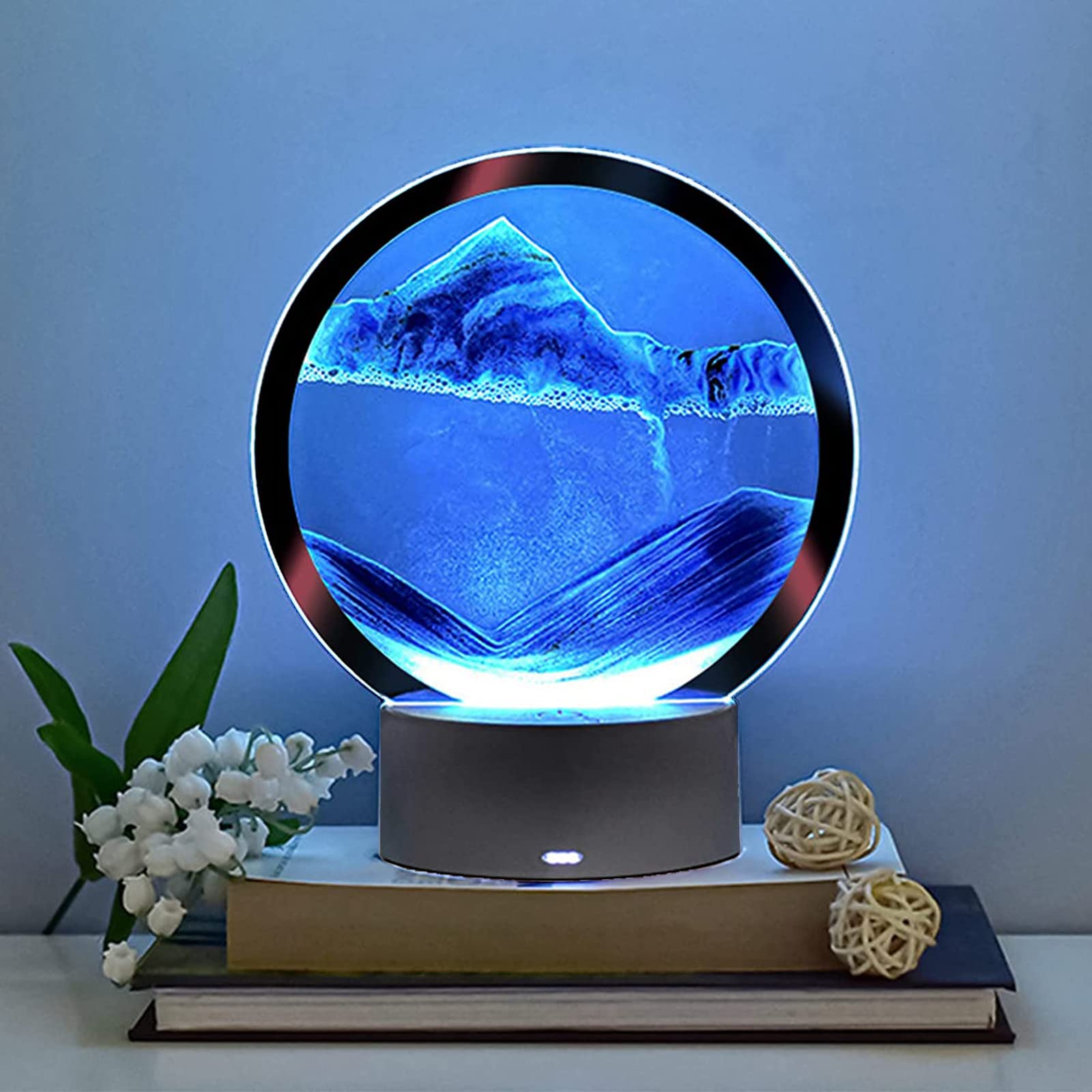 rysnwsu Moving Sand Art Picture Round Glass 3D Deep Sea Sandscape in Motion Display Flowing Sand Frame, Children's Large Desktop Art Toys, Home & Office Desktop Decorations(Blue, Button-Crotrol)