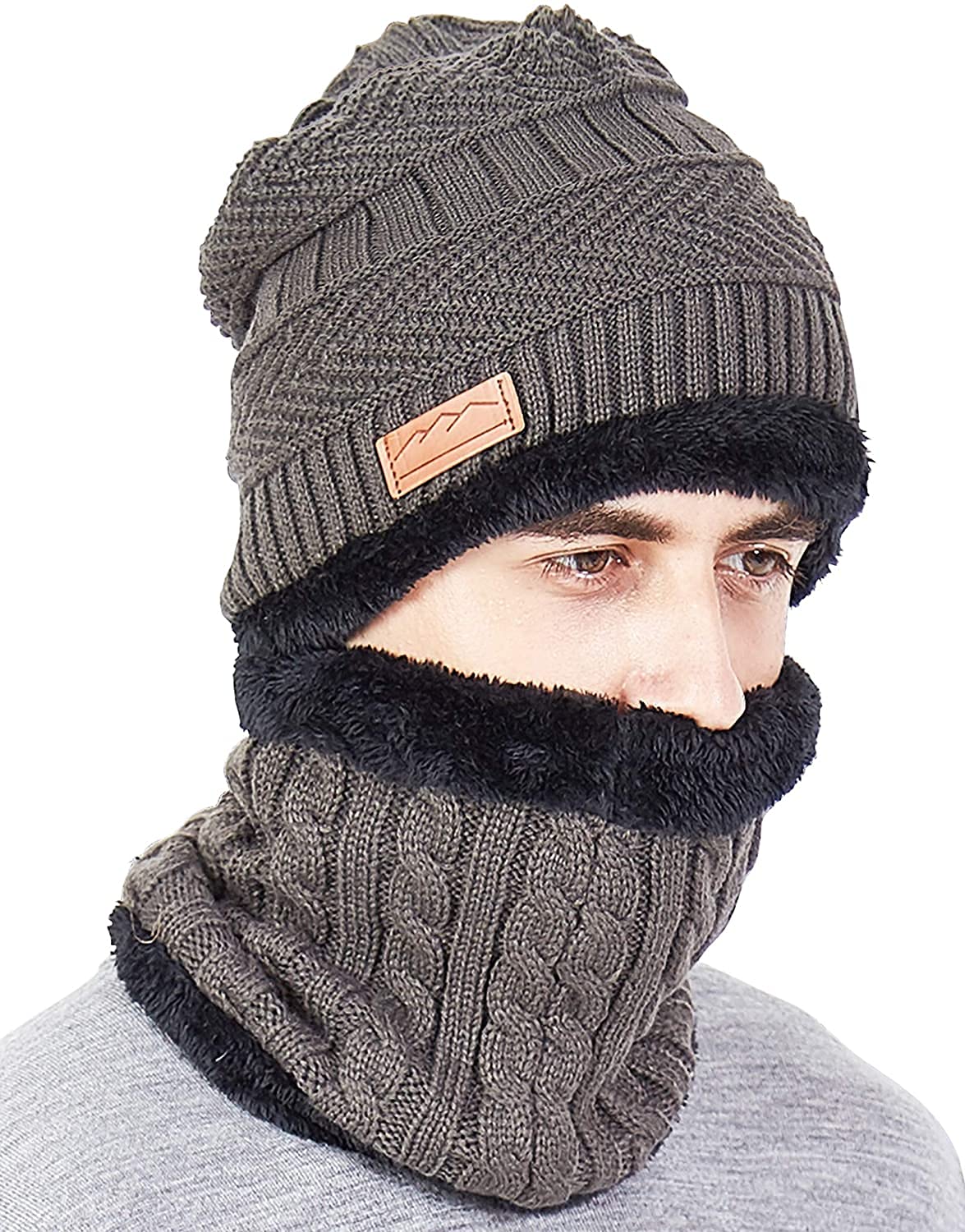 INFISPACEMen's Ultra-Warm Woolen Skull Cap with Muffler Set- Grey