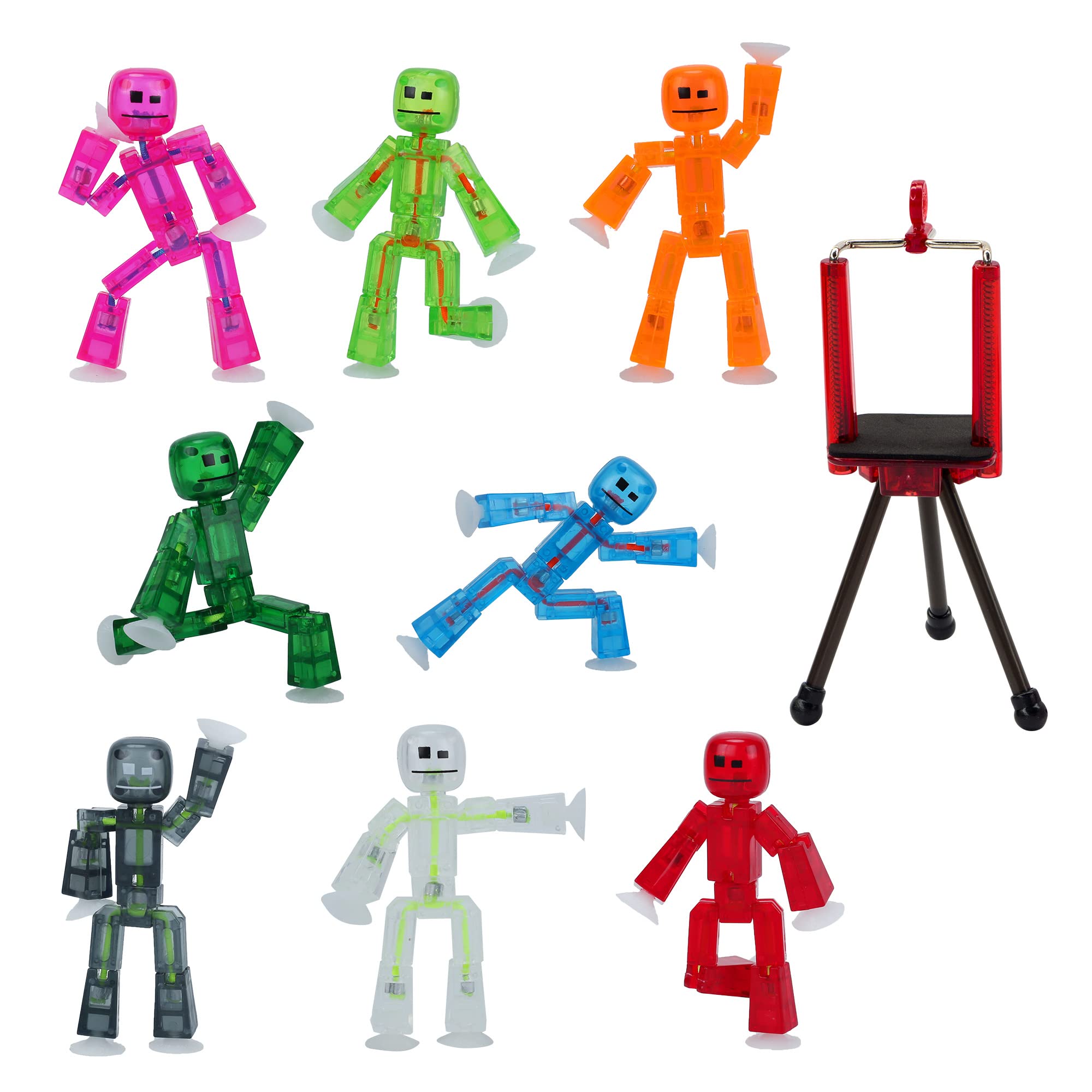 StikBotZing, Set of 8 Clear Collectable Action Figures and Mobile Phone Tripod, Create Stop Motion Animation, Great for Kids Ages 4 and Up