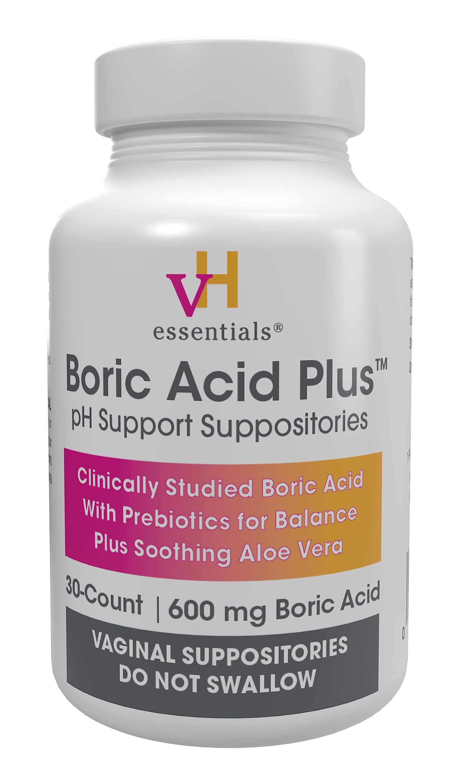 vH essentials Boric Acid Plus Vaginal Suppositories, Prebiotic Infused with Soothing Aloe Vera, pH Support Formula Fights Odor and Promotes Freshness, 600mg Boric Acid, 30 Count