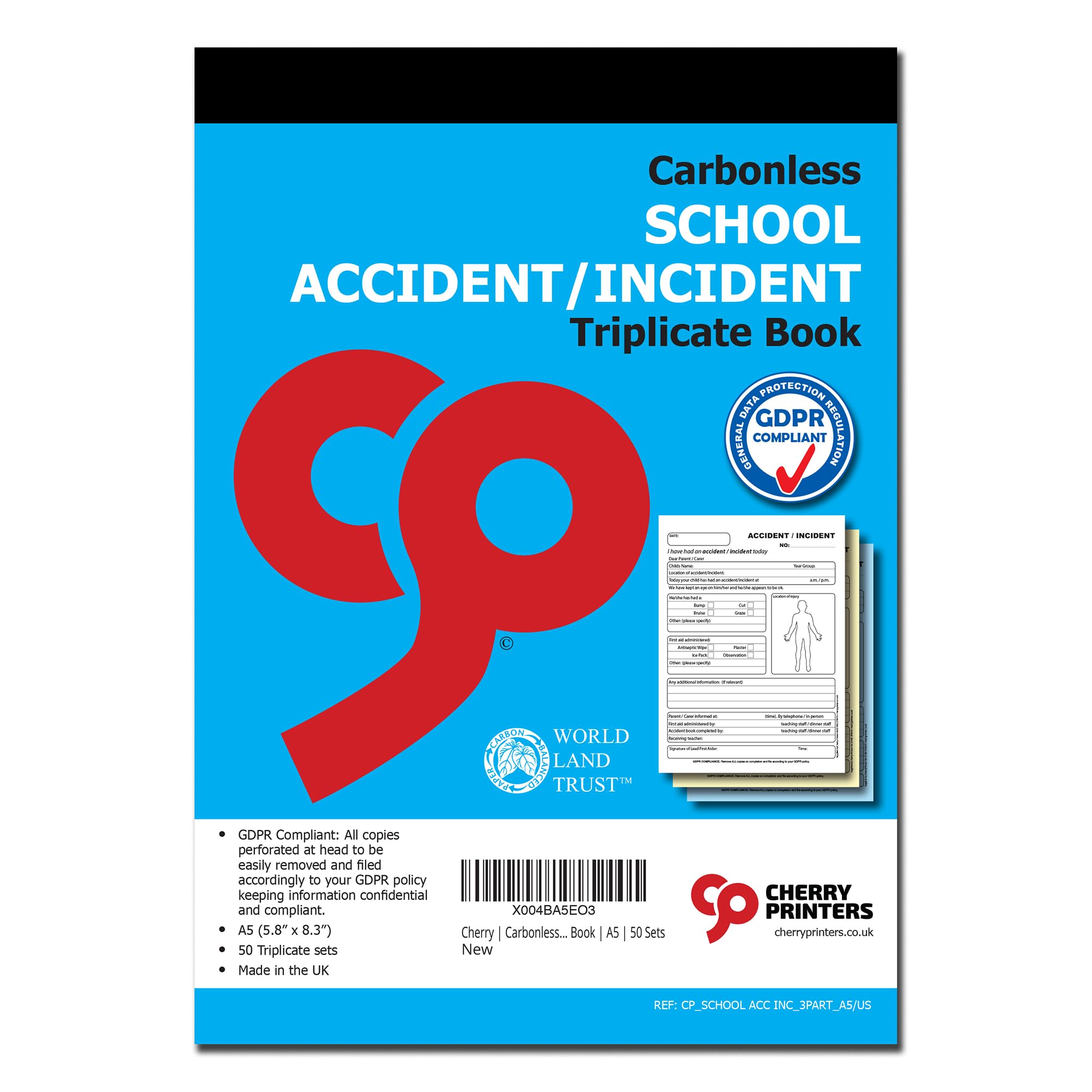 Cherry | Carbonless NCR | School Accident/Incident | Triplicate Book | A5 | 50 Sets