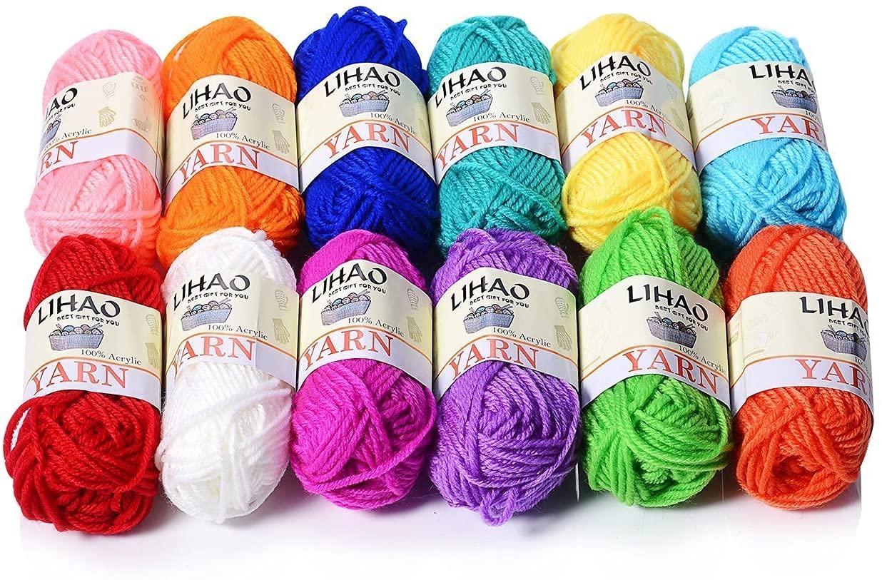 LIHAO Crochet Yarn Coloured Acrylic Knitting Yarn Set (12 pack, 26m/roll)