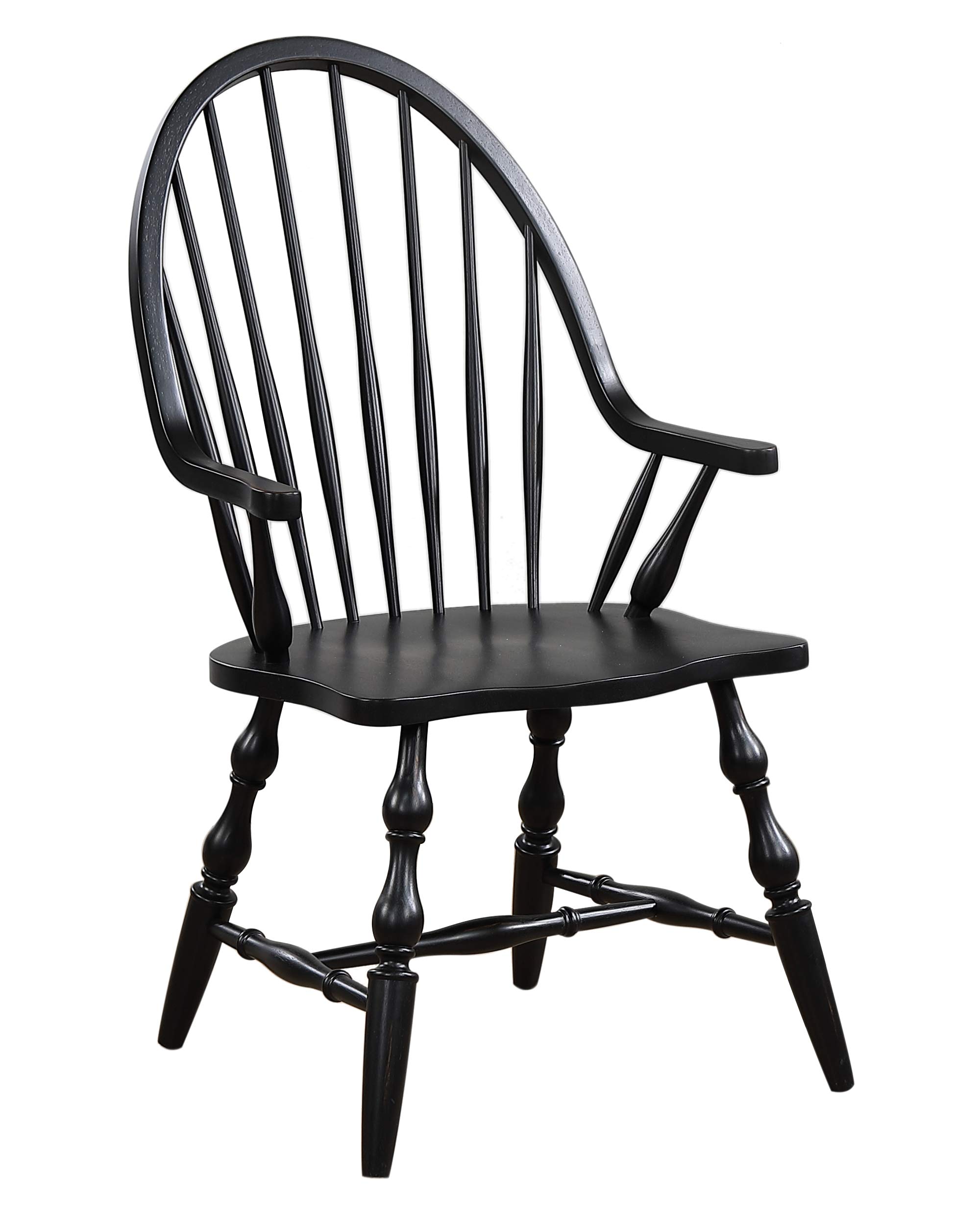 Sunset Trading Black Cherry Selections Windsor Spindleback Dining Chair with Arms | Fully Assembled Kitchen Armchair| Modern Farmhouse Minimalist Country Cottage | Antique Black Solid Wood