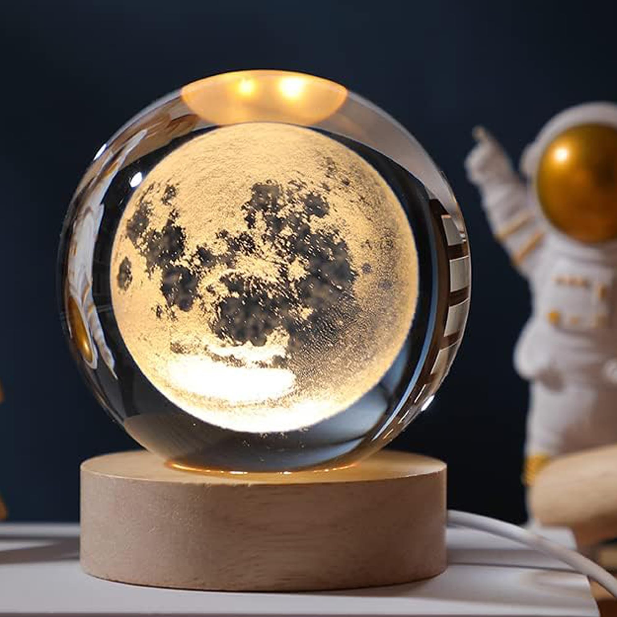 PYLCO SMART Tabletop Night Light Crystal Ball with Wood Base LED Night Lamp 3D Creative Saturn Astronomy Glaxy Night Lamp Fantasy Decoration Light for kid friend Birthday Gifts Room Decor (Moon, 8mm)