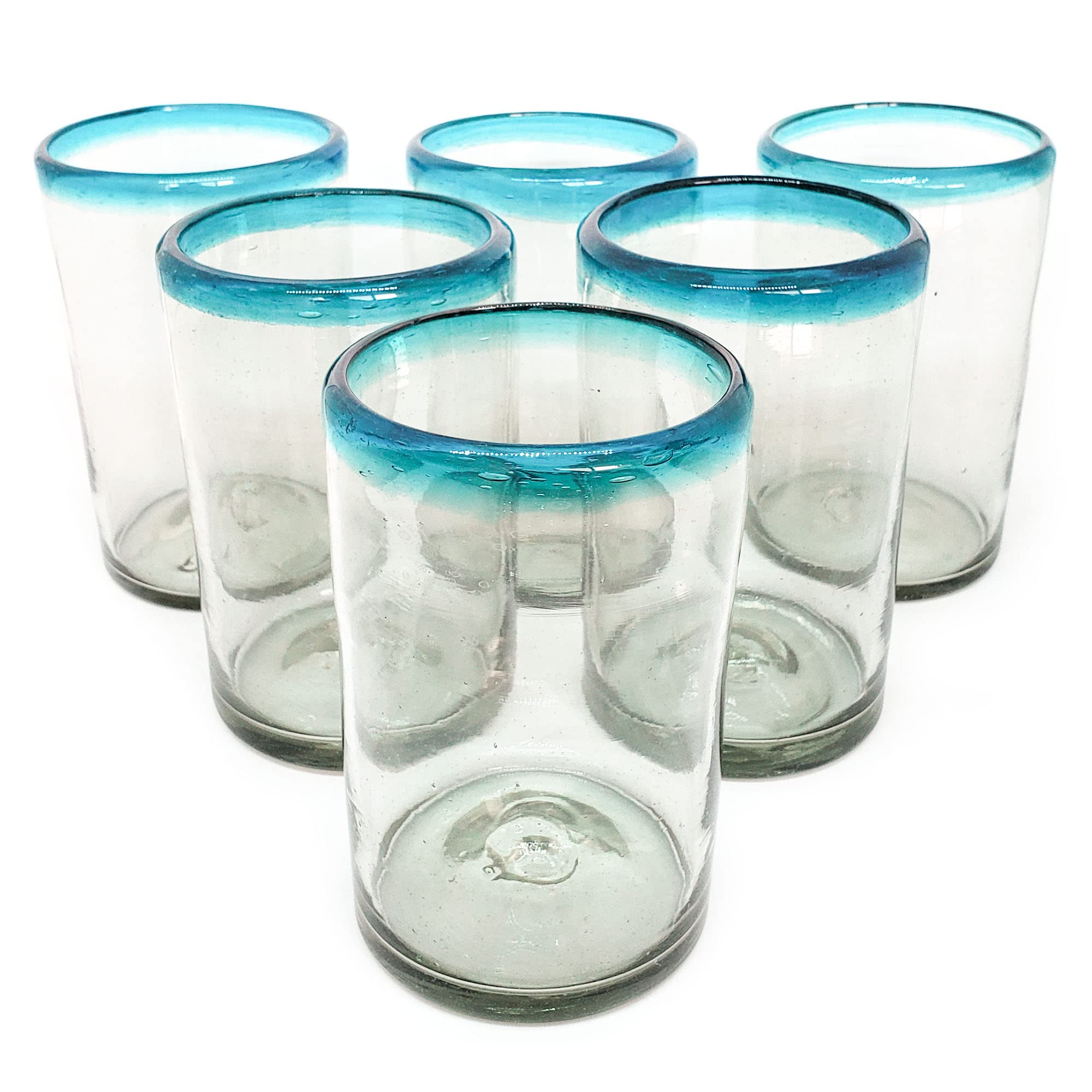 Aqua Blue Rim 14 oz Drinking Glasses, set of 6, Mexican Handmade Glassware, Recycled Glass, Lead & Toxin Free (Drinking)