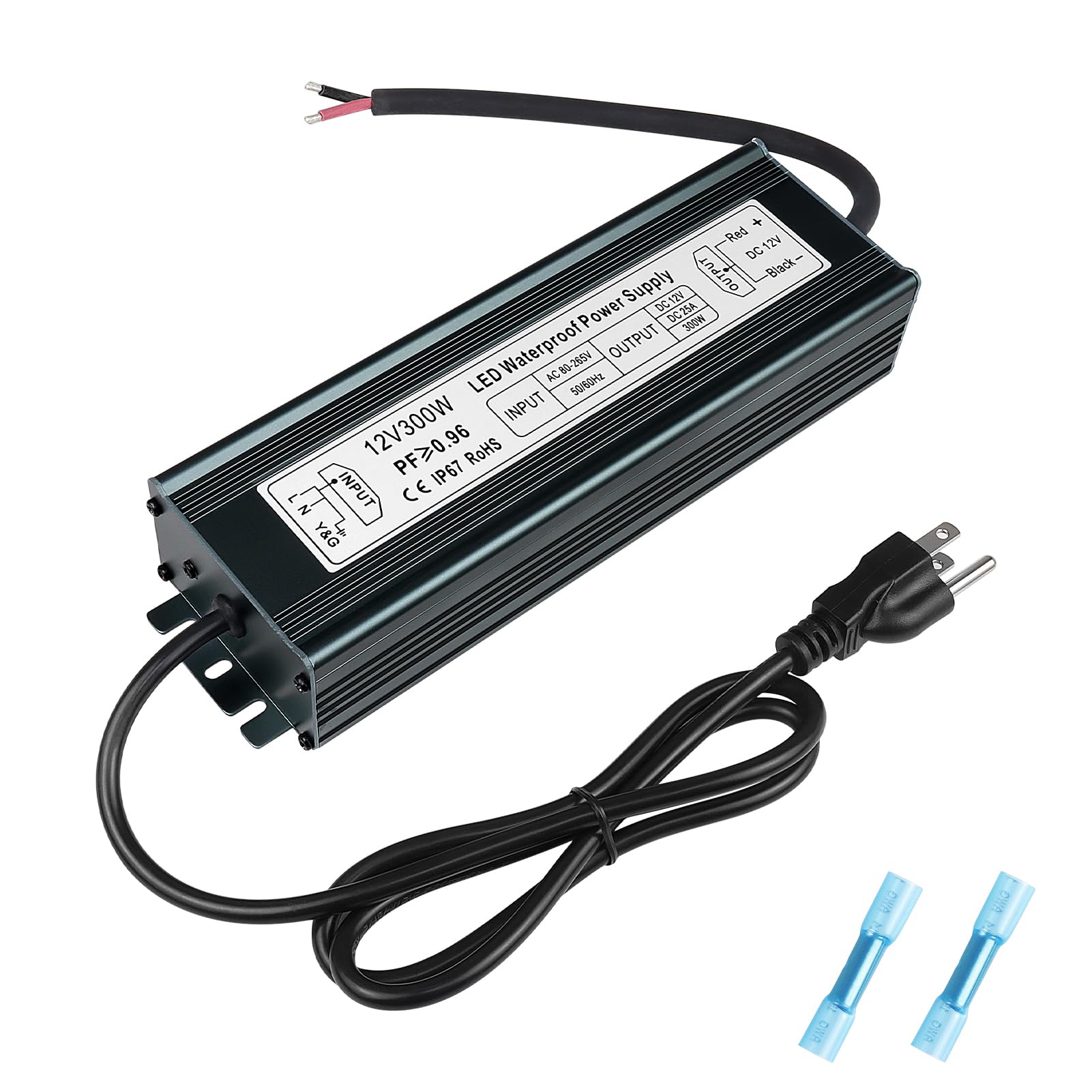 inShareplus12V 300W Power Supply, AC 80-265V to DC 12 Volt 25A IP67 Waterproof LED Power Supply, Low Voltage Transformer, Outdoor Driver with 3-Prong Plug 3.3 Feet Cable for LED Light, Outdoor Use