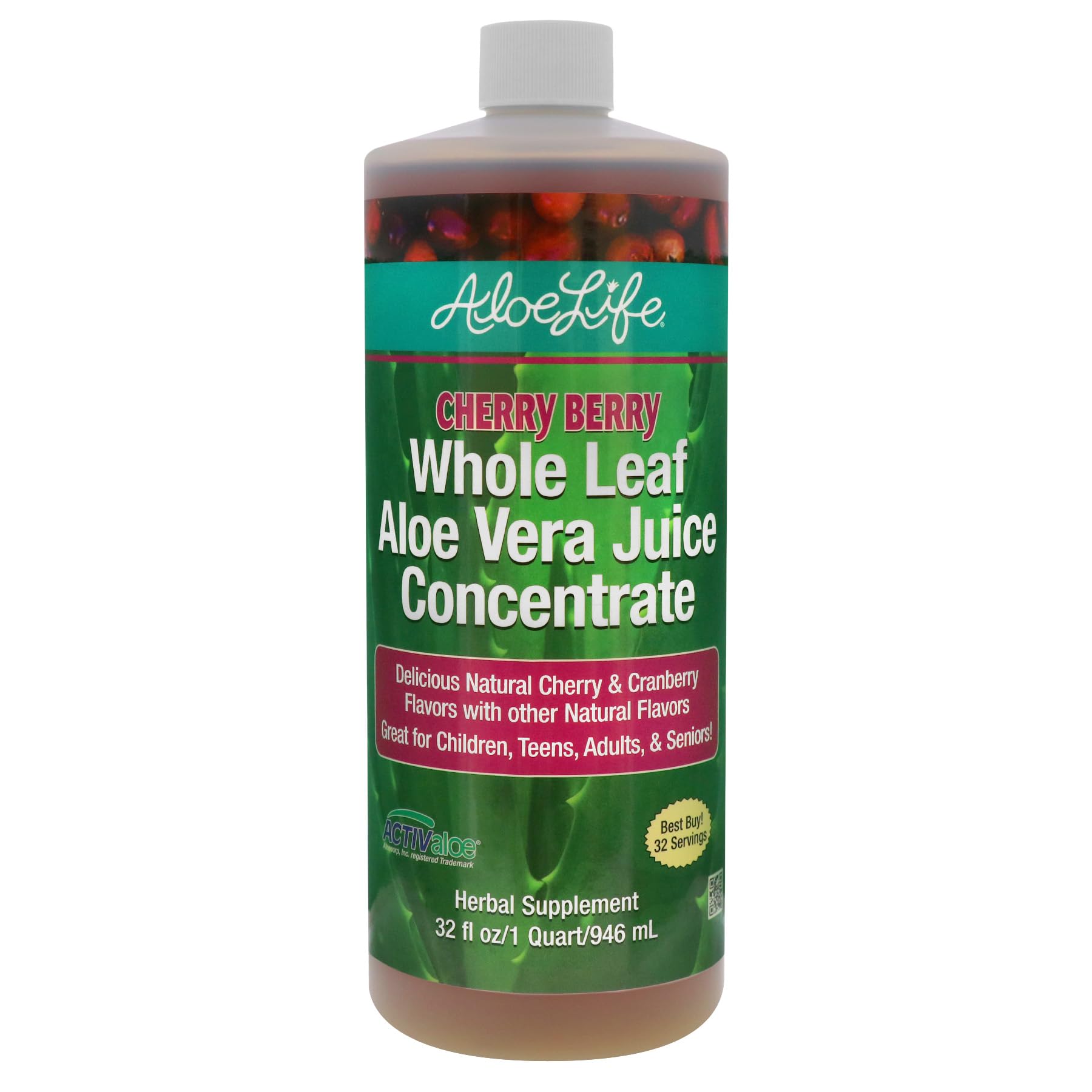 Aloe Life - Whole Leaf Aloe Vera Juice, Certified Organic with Trace Minerals, Gluten-Free (Cherry Berry, 32 oz)