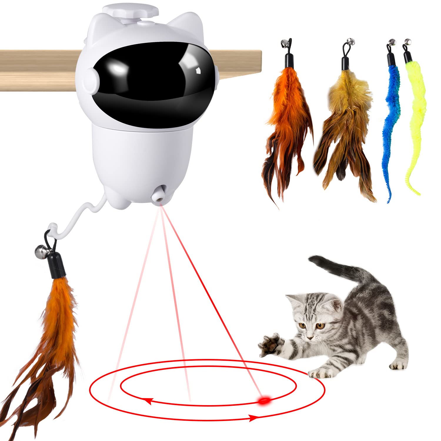 CooAoo Interactive Cat Toys for Indoor Cats, Automatic Cat Toys,LED Light,USB Rechargeable,360°Rotating Hanging Cat Toy Intelligent Cat Teaser Toys with Feathers for Kitten