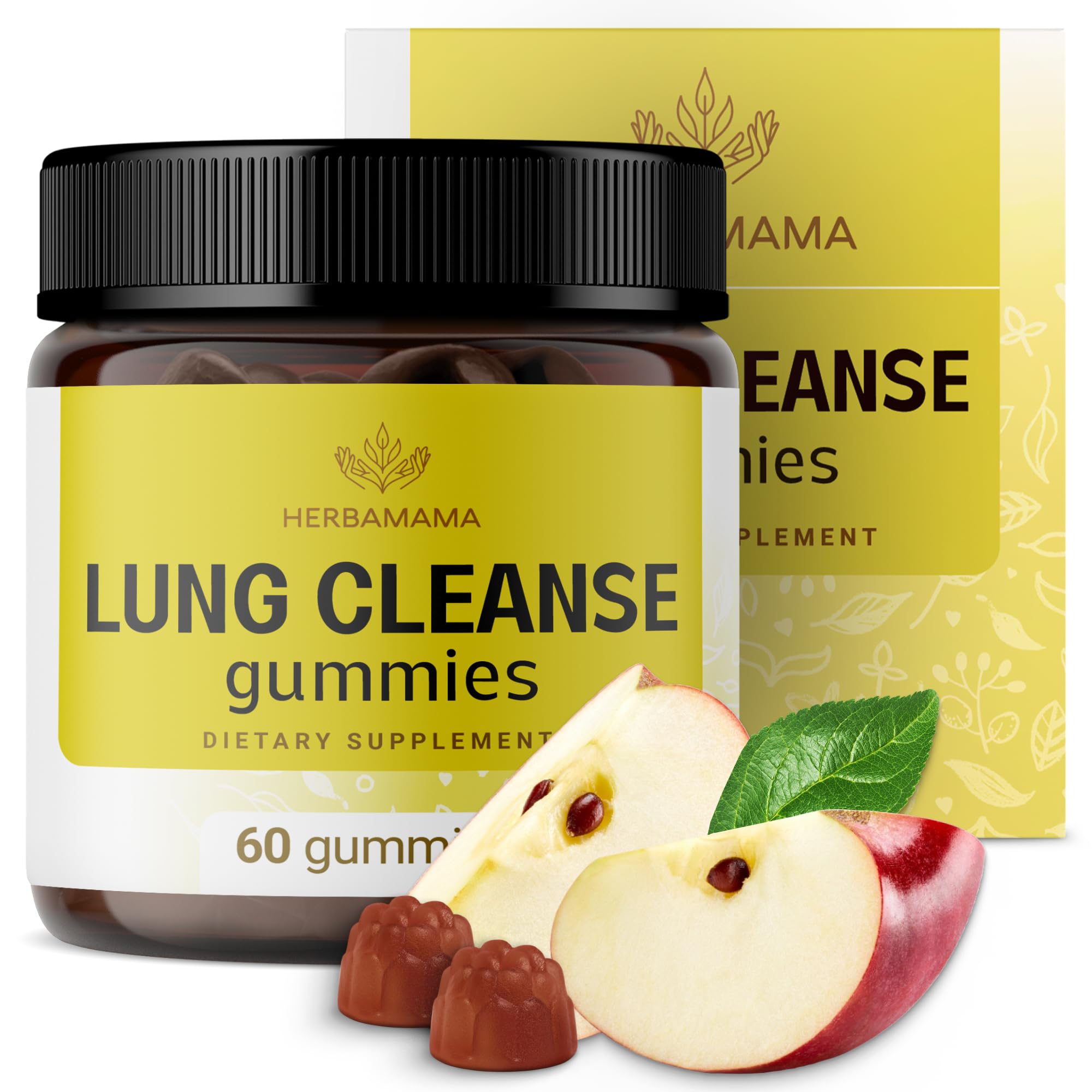 HERBAMAMA Lung Detox Gummies - Herbal Complex with Mushroom Blend for Lung Cleanse and Respiratory Support - Vegan, Gelatin-Free, Non-GMO - 60 Apple-Flavored Lung Health Chews