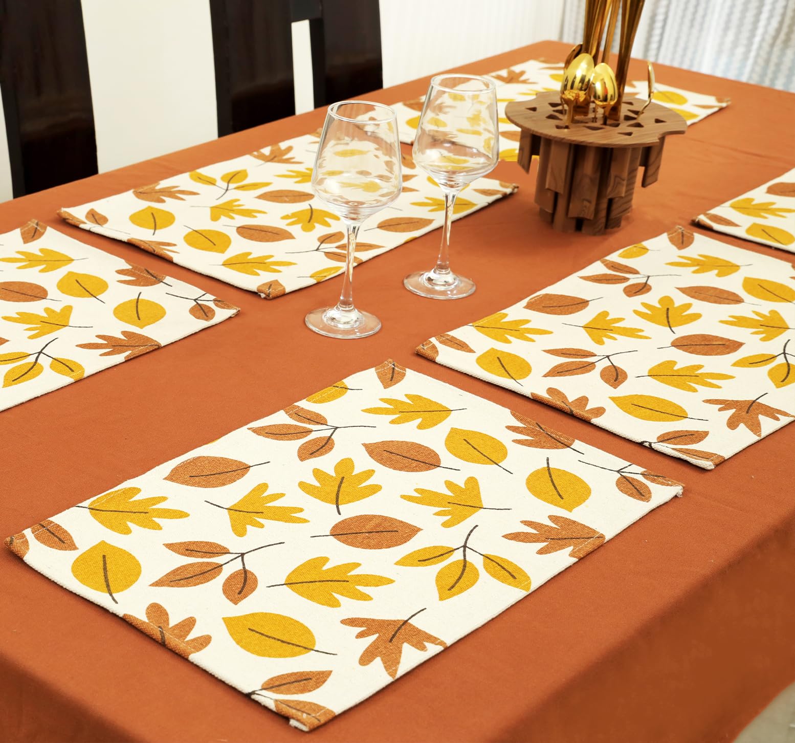 Yellow Weaves Cotton Canvas Dining Table Placemats | Heat Resistant Dining Table Place Mats for Dining Table Kitchen Coffee Center Table Side Party - (Set of 6, Brown Multi)