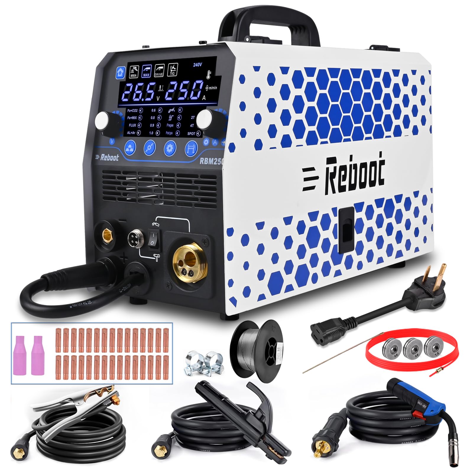 Reboot MIG Welder, 250Amp 6 in 1 Gas/Gasless Flux Core MIG/Stick/Lift TIG/Spot welding/Spool Gun 120V/240V Aluminum Multi Process Welding Machine Large LED Digital Display with Teflon Liner