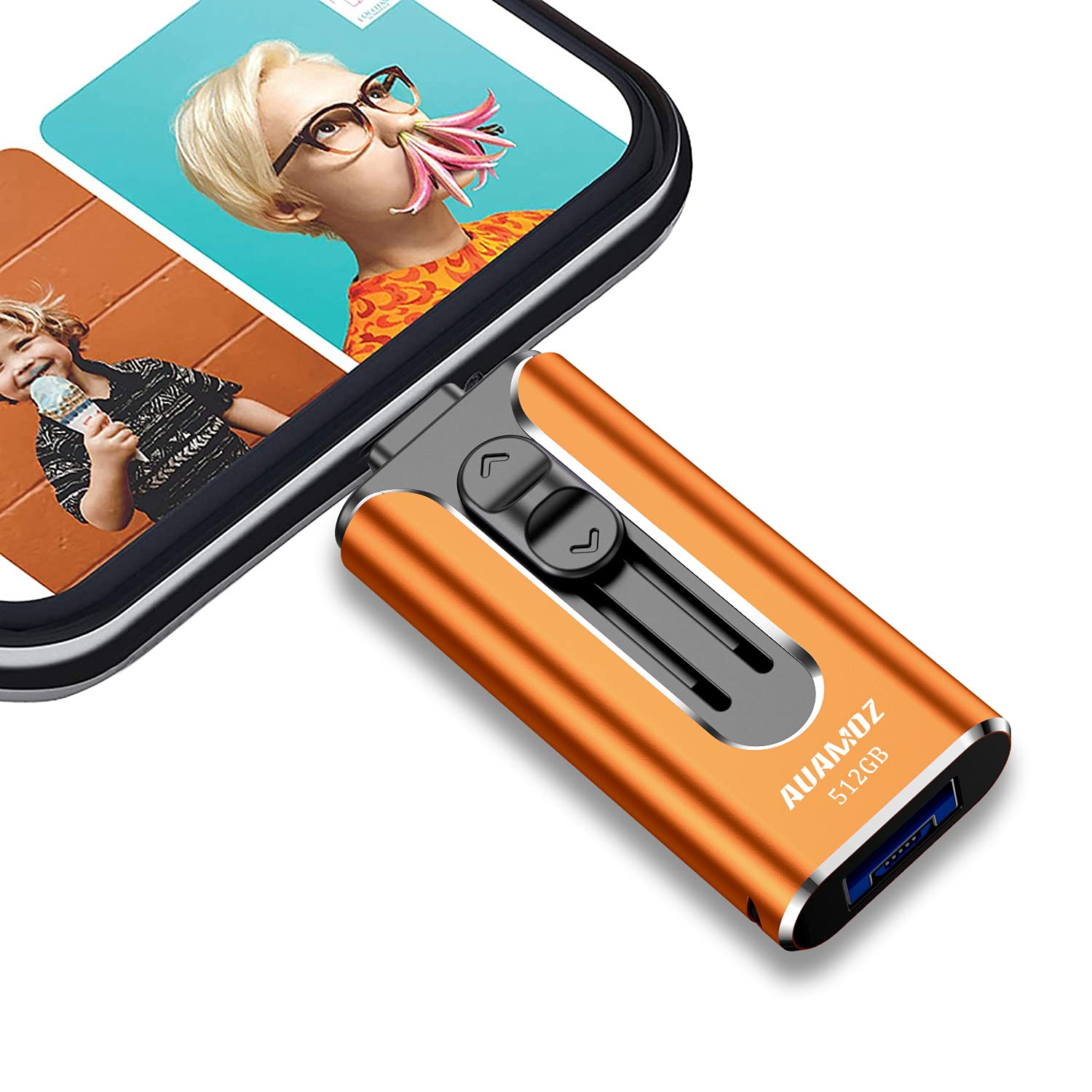 USB 3.0 Flash Drives 512GB, AUAMOZ Memory Drive 512GB Photo Stick Compatible with Smart Phone & Computers, Phone External Flash Expandable Photo Storage Drive, Take More Photos & Videos (Orange)