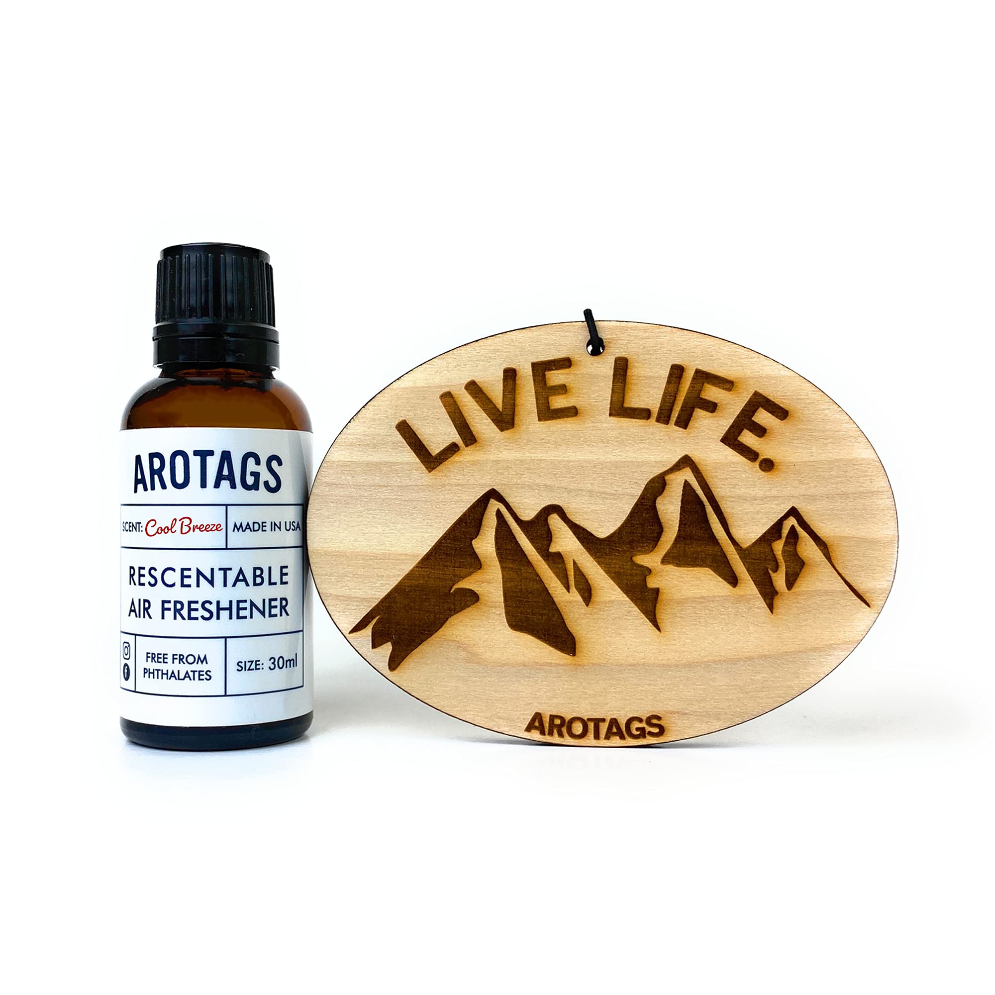 Arotags Wooden Car Air Fresheners - Long Lasting Cool Breeze Scent Diffuses for 365+ Days - Includes Mountain Adventurer Hanging Mirror Diffuser and Fragrance Oil - 100% American Made