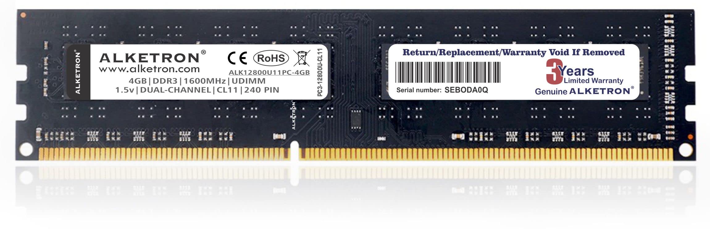 ALKETRON - 4GB DDR3 Standard RAM(Memory) - 1600MHz - CL11 - UDIMM - PC3-12800u - for Home & Office Desktop PC - 3 Year Warranty (4GB-1600MHz, Black Unicorn Series)