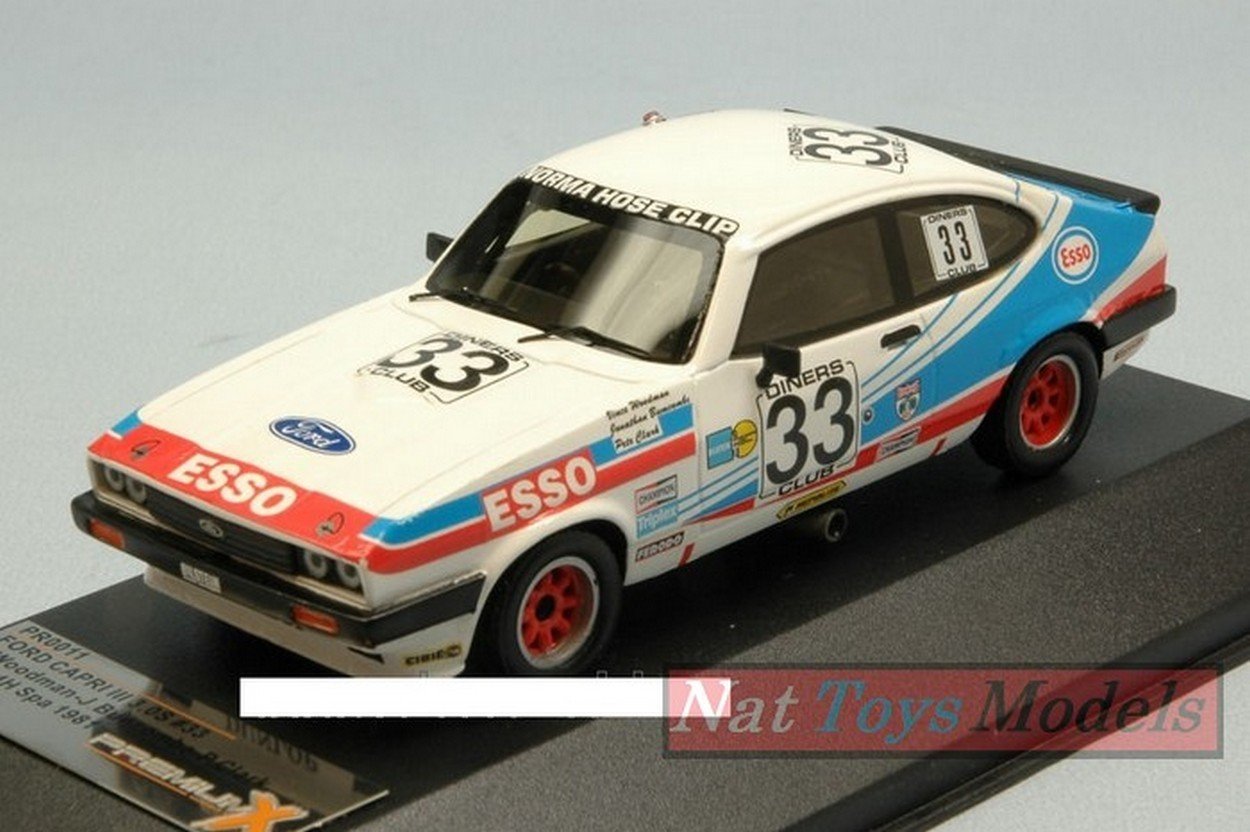 PREMIUMX 1/43 Scale Prefinished Fully-Detailed Diecast Model, Ford Capri III 3.0S, Third Place 1981 24 Hr. Spa, ESSO, #33, Woodman, Buncombe & Clark PR0011