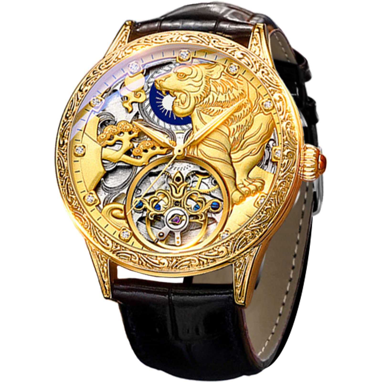 FORSININGMen's Gold Luxury Tourbillon Watch Tiger Carved Moon Phase Self-winding Mechanical Automatic Watches Retro Tattoo Skeleton Large Dial Leather Belt Wristwatch