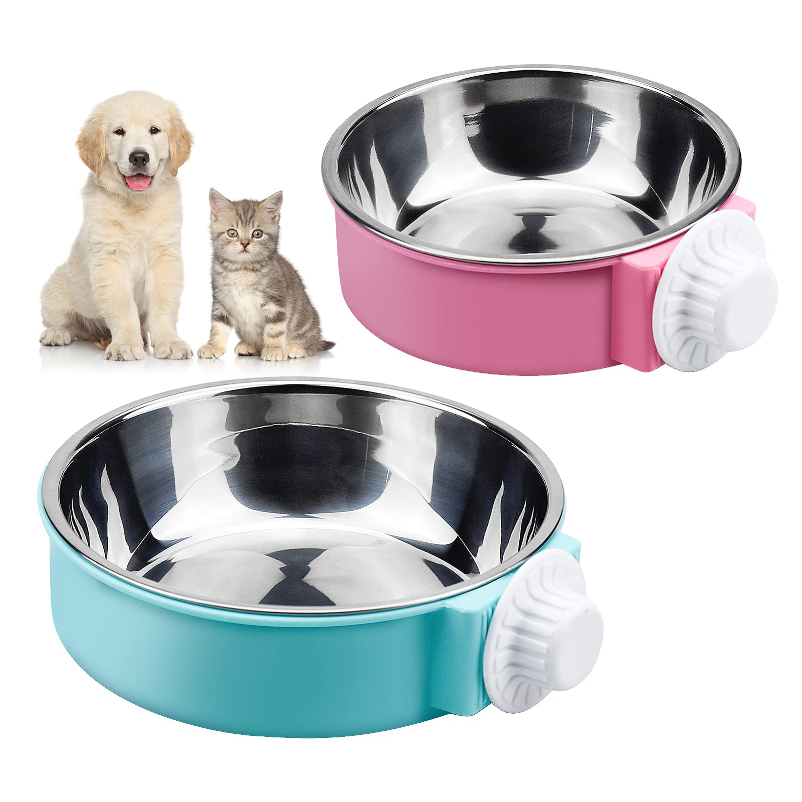 2 Pcs Pet Crate Water Bowl 2 IN 1 Pet Hanging Bowl Removable Stainless Steel Dog Bowls, Large Capacity Cat Feeding Bowls with Bolt Holder for Cats and Dogs and Other Small Animals - Blue, Pink