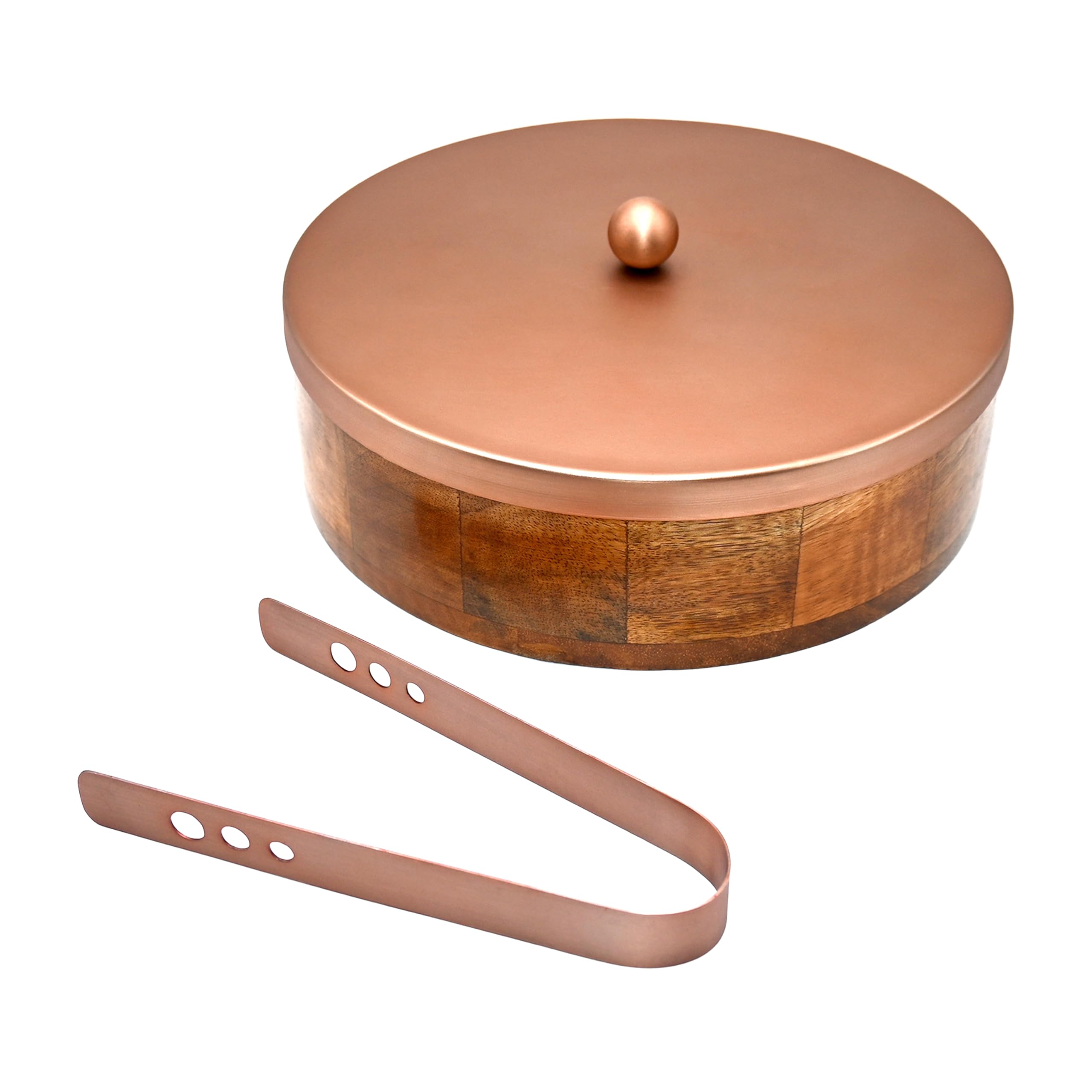 HOME BARGAINS Mango Wood Handcarved Chapati Box With Stainless Steel Lid and Tong | Casserole Roti Box (23x7Cm)