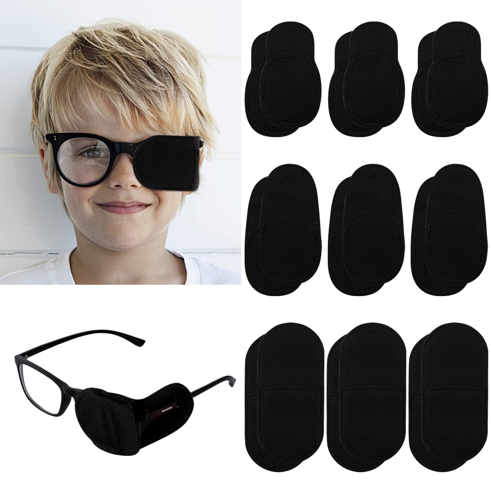 Svalor 18 PCS Eye Patches for Glasses, Reusable Fabric Eye Patches, 3 Sizes Eye Patch Medical Amblyopia Corrected, Glasses Eye Patches for Adults Kids Visual Acuity Recovery (Black)