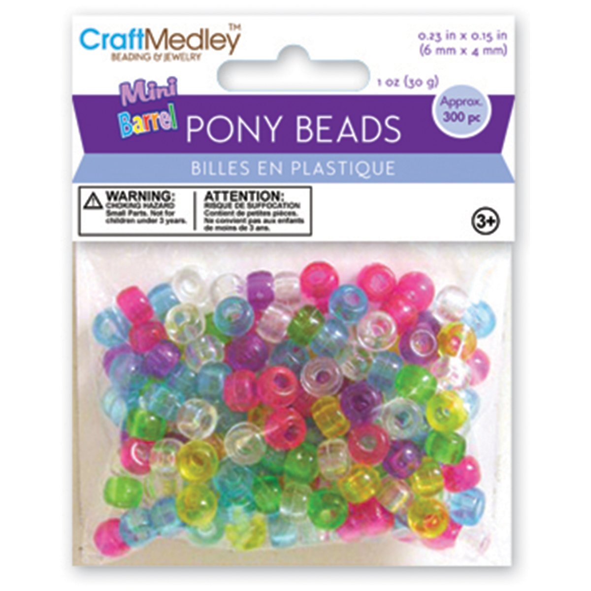 Multicraft Imports Mini Barrel Pony Beads, 6 by 4mm, Transparent Multicolor Mix, 300 Per Package